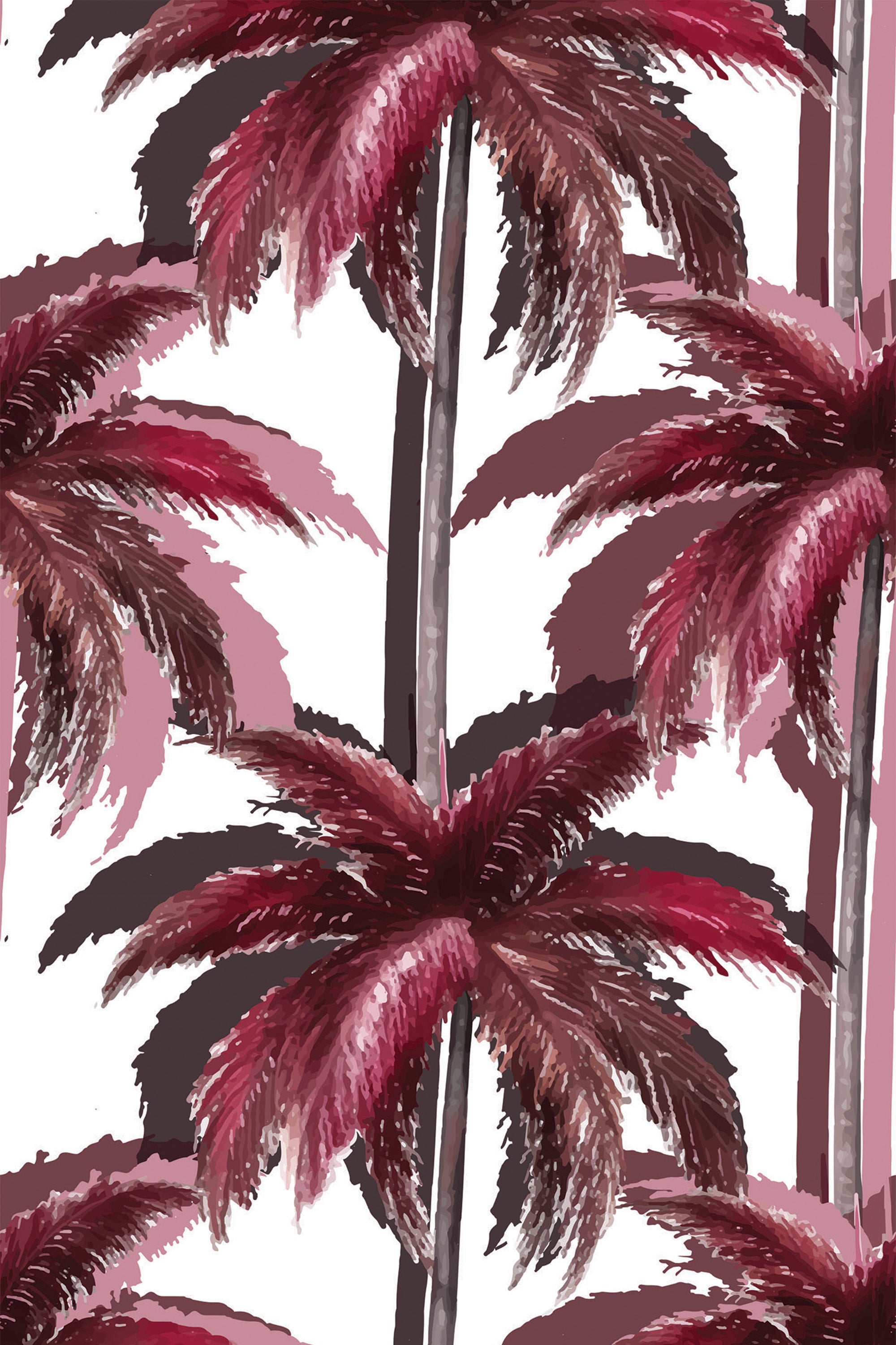 Pink palm trees pattern with various shades of pink, brown, and red against a white background, peel and stick removable wallpaper.