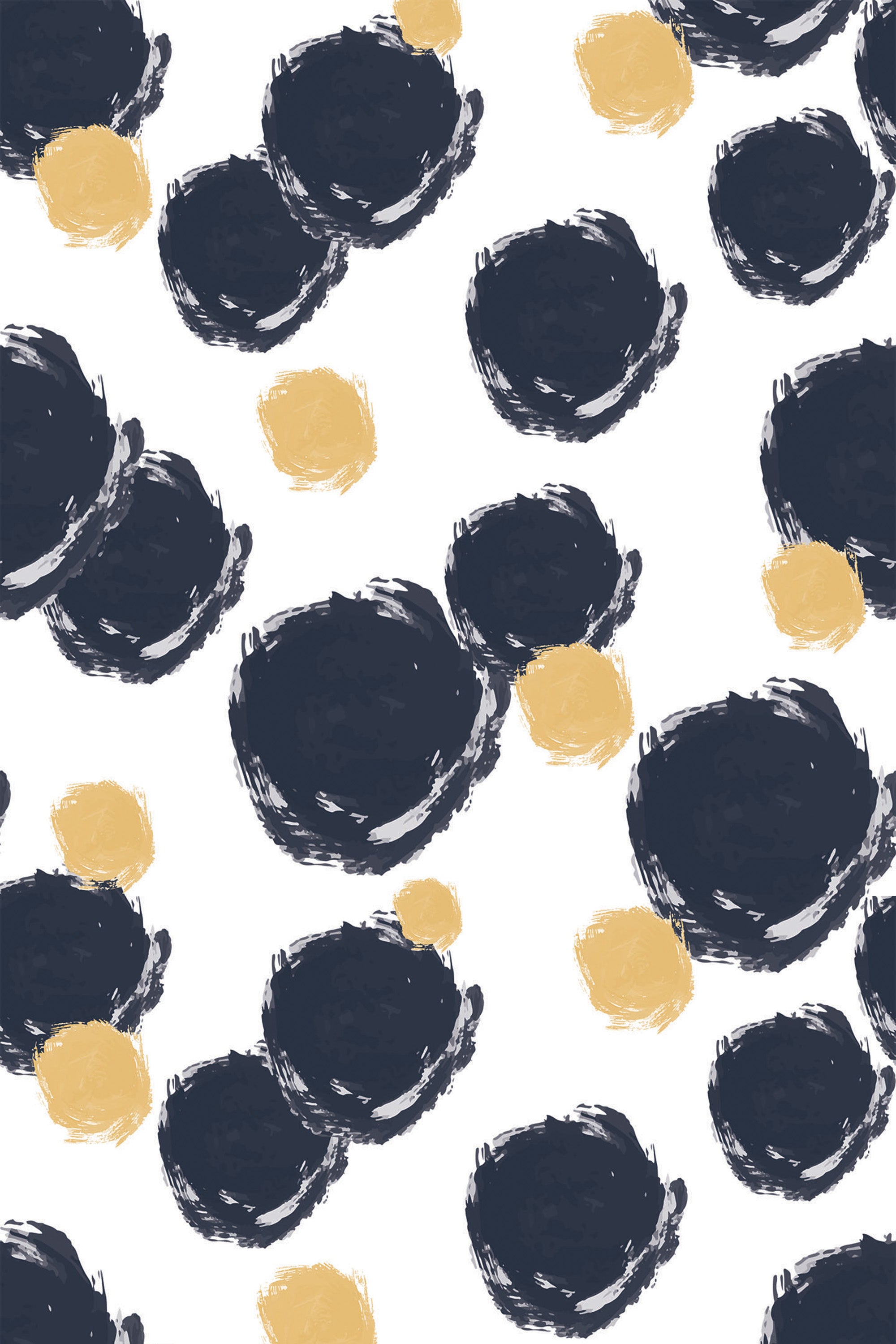 Large navy blue and smaller mustard-yellow paint spots scattered on a white background, forming a modern and abstract pattern. Peel and stick removable wallpaper.