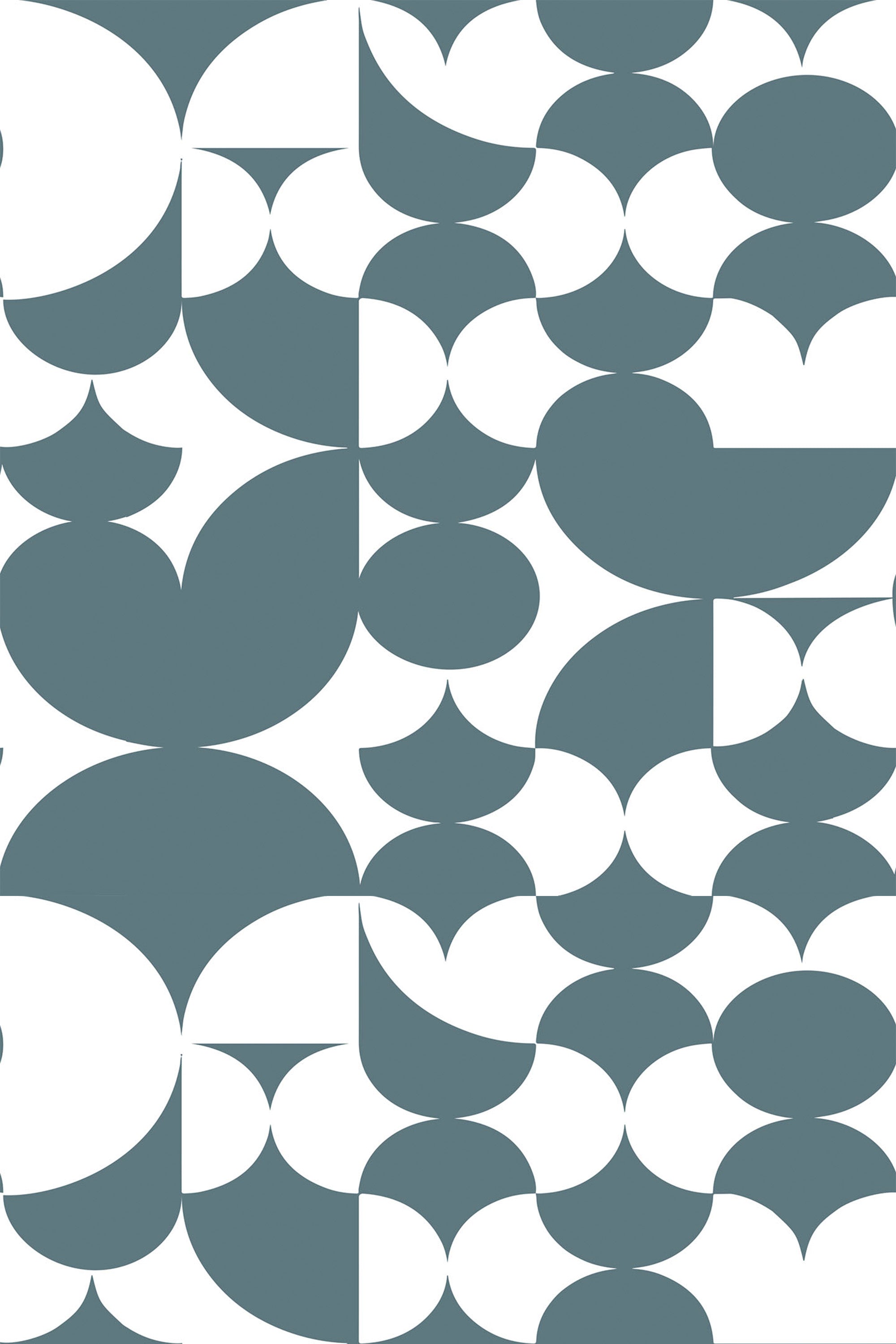 A repeating retro-inspired geometric design with overlapping circles and curved shapes in teal and white hues on a peel and stick removable wallpaper.