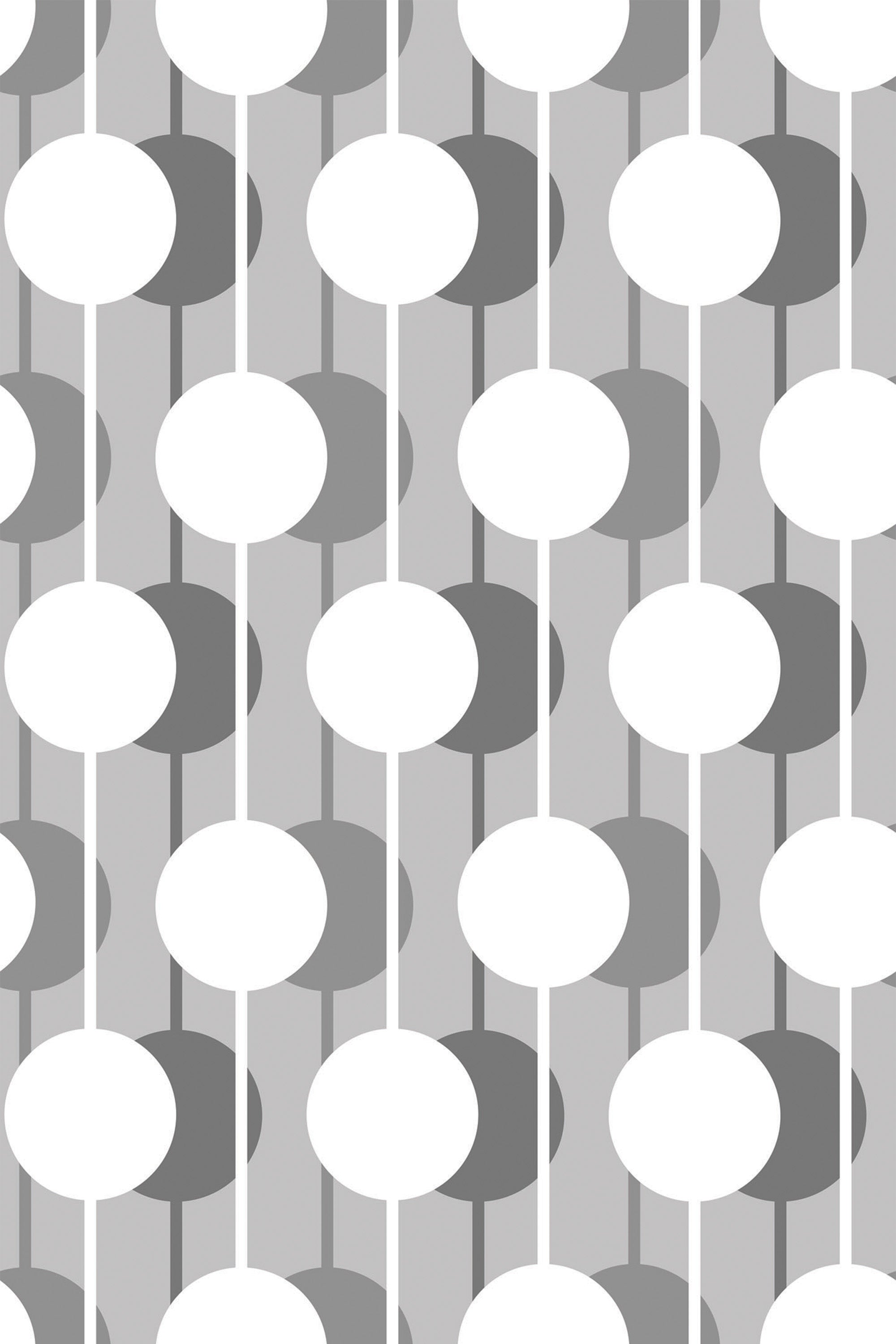 A repeating pattern with overlapping 3D circles in white, dark gray, and light gray on a light gray background with thin vertical lines, creating a modern and geometric design. Peel and stick removable wallpaper.