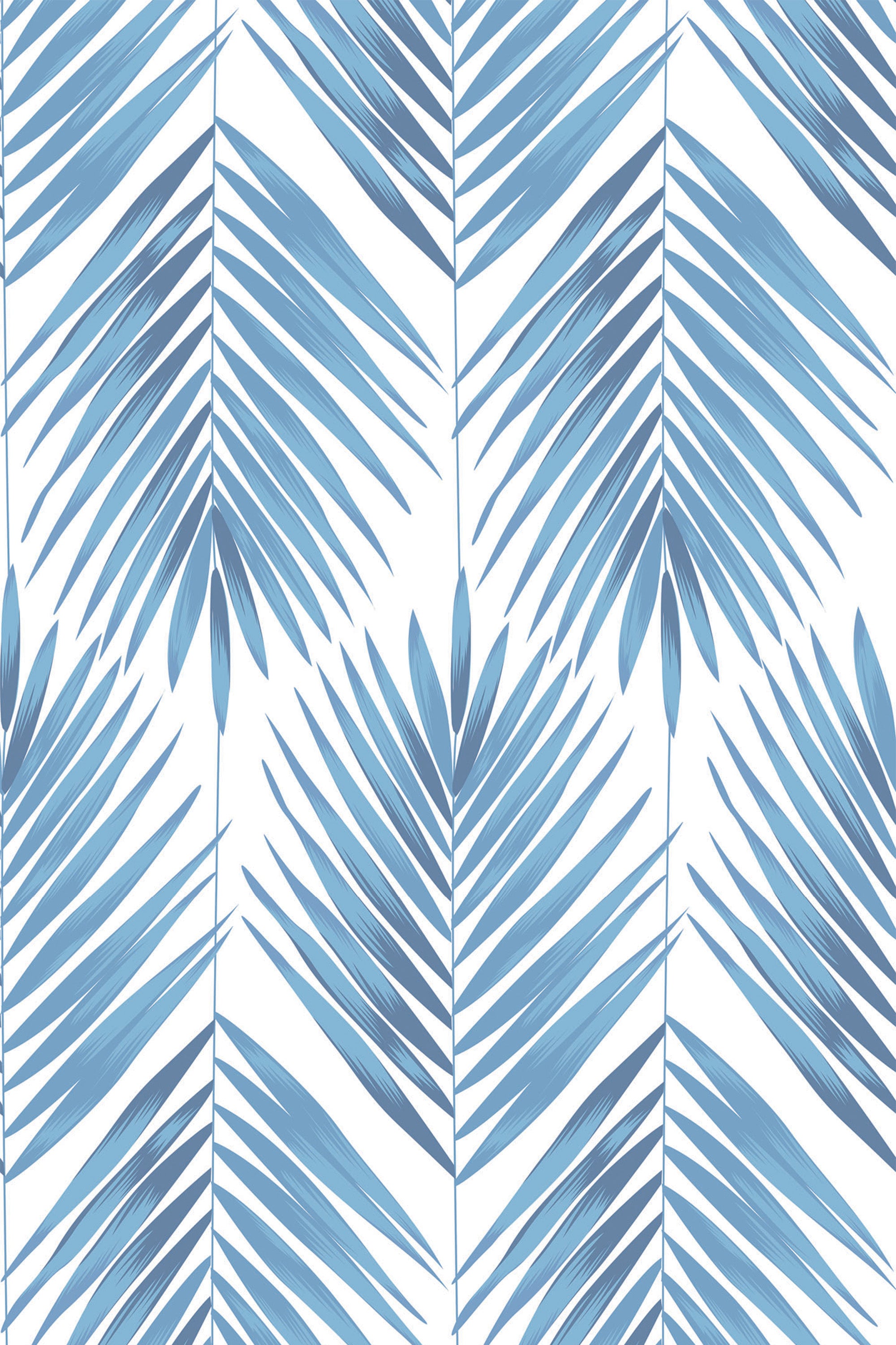 Blue palm leaves arranged in a vertical, repeating pattern against a white background. Peel and stick removable wallpaper.