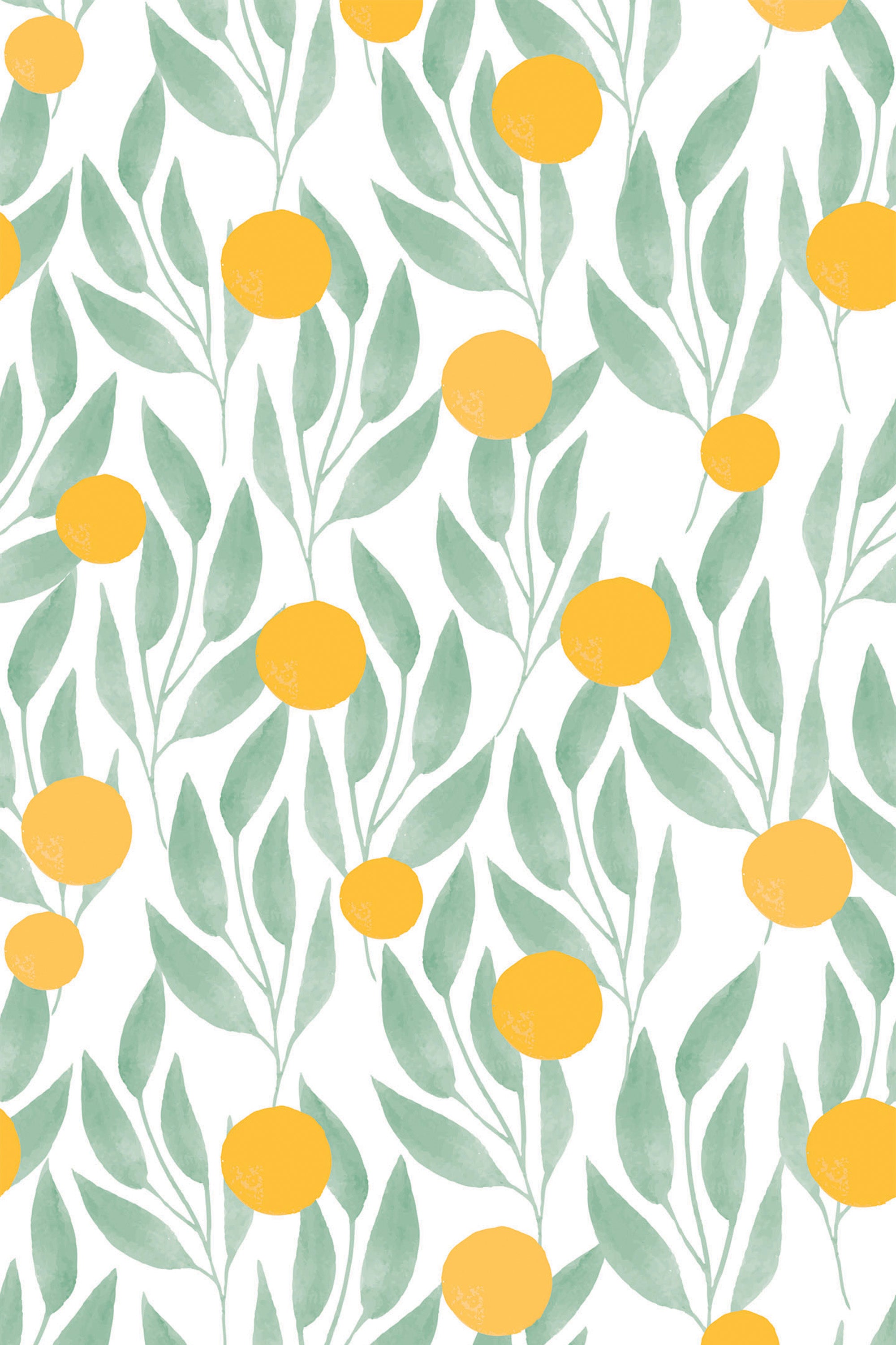 A repeating pattern of orange fruits with green leaves on white background, creating a fresh and vibrant design. Peel and stick removable wallpaper.