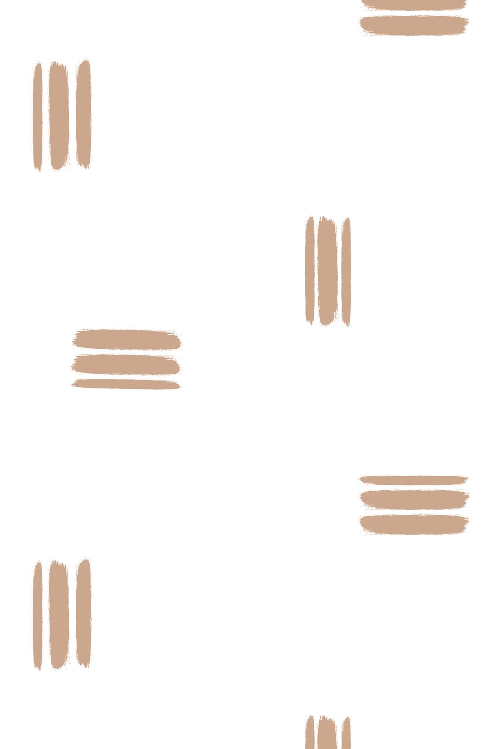 A minimalistic pattern of beige, hand-painted brush strokes arranged in pairs and trios on a white background, creating a gentle and modern aesthetic, peel and stick removable wallpaper.