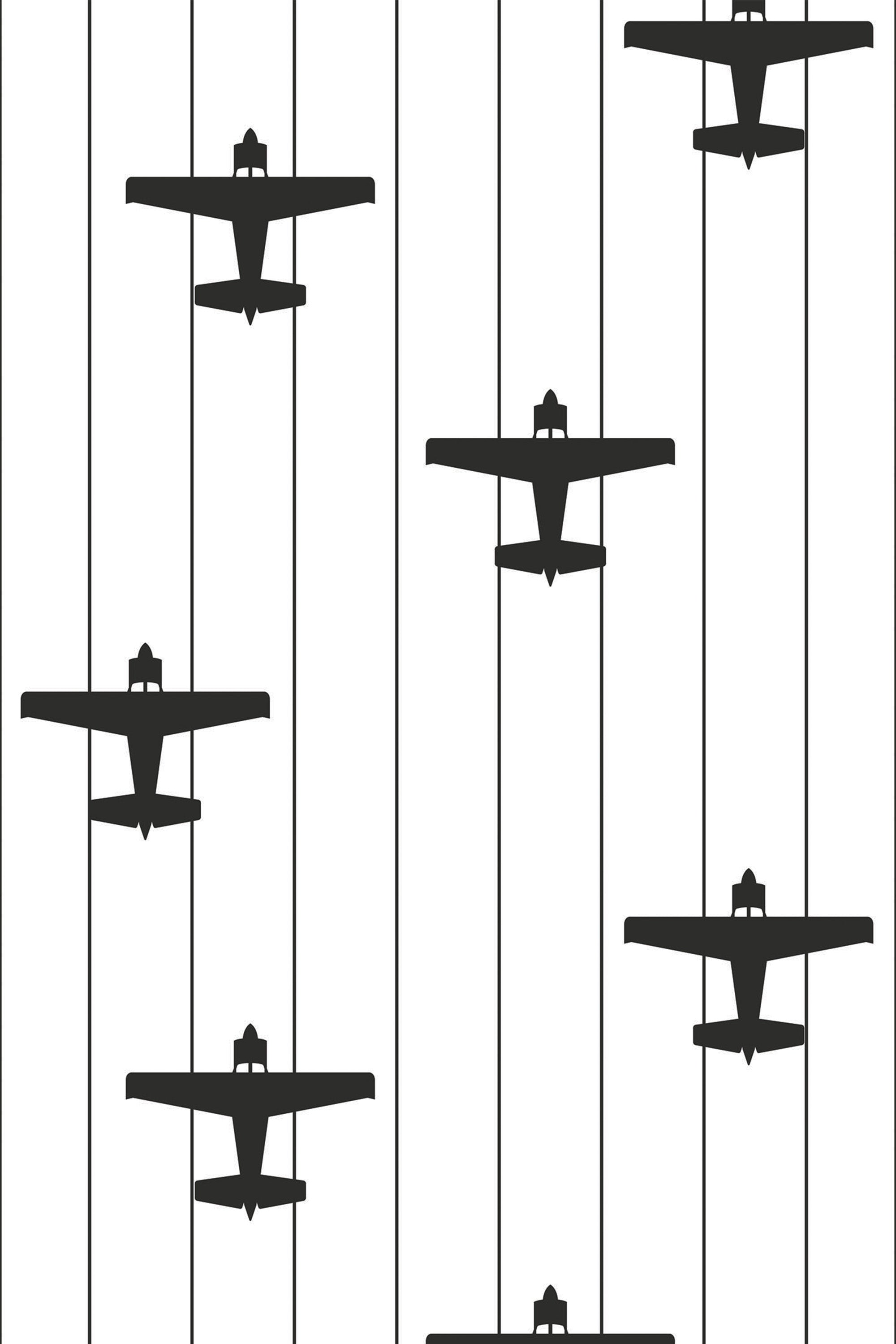 Black vintage airplanes in a repeated vertical pattern on a white background, peel and stick removable wallpaper.