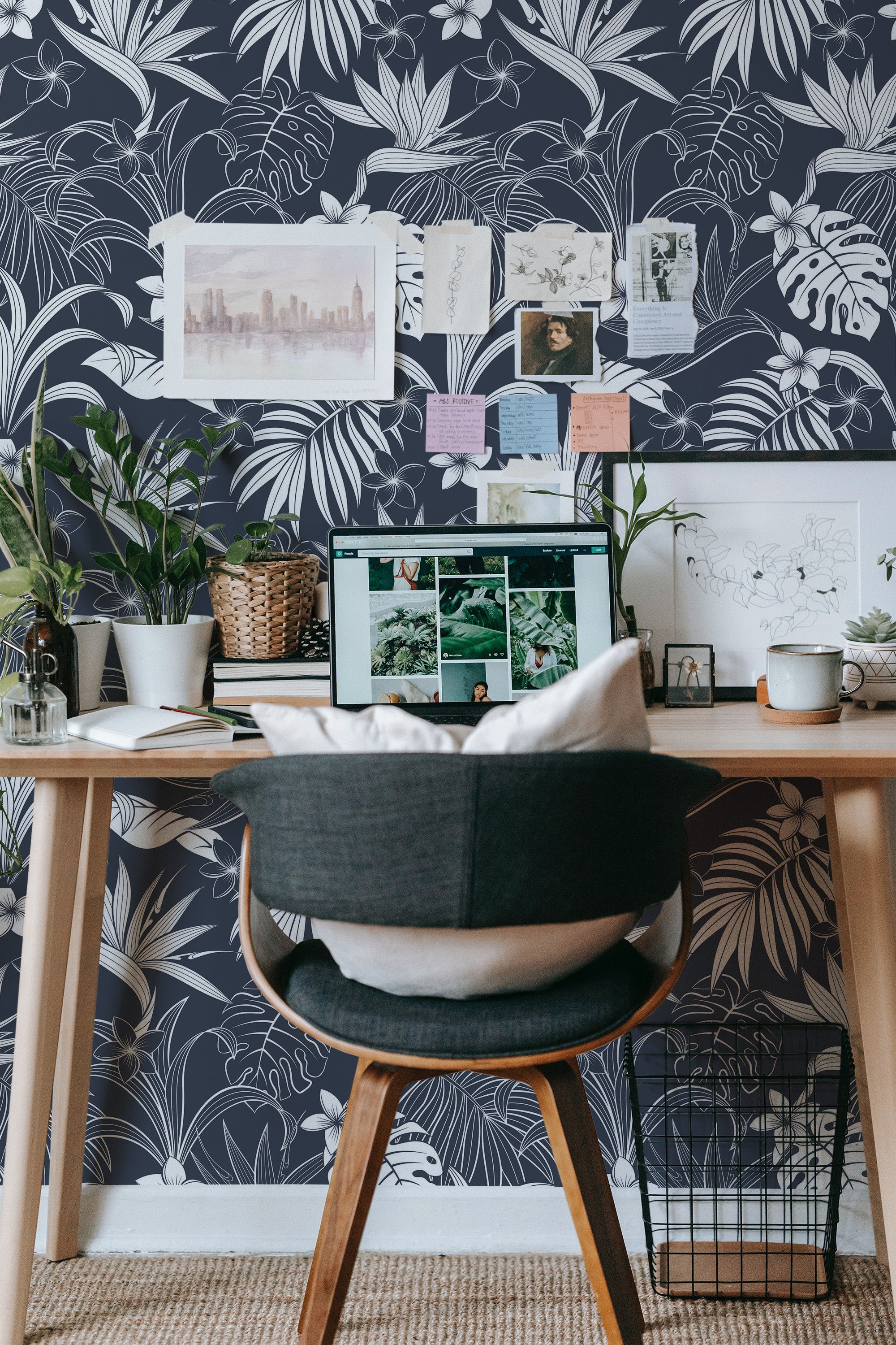 Self-adhesive dark palm tree wallpaper with intricate white palm leaves and tropical plant patterns on a deep navy background.