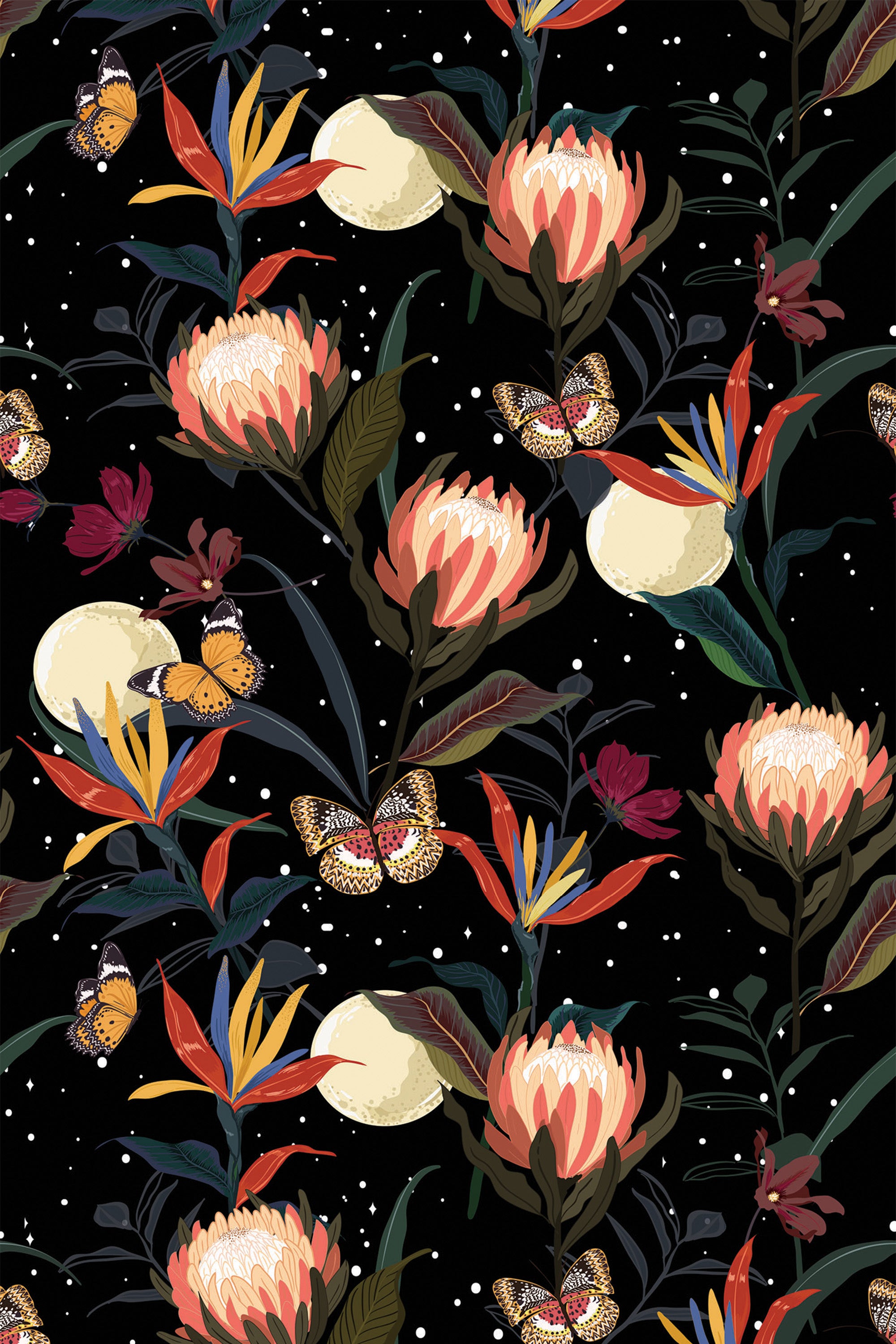 A dark, nature-inspired wallpaper with large protea flowers, tropical leaves, and butterflies in shades of pink, orange, and green, set against a black background. White moons and stars are scattered throughout, creating a night-time tropical feel. Peel and stick removable wallpaper.