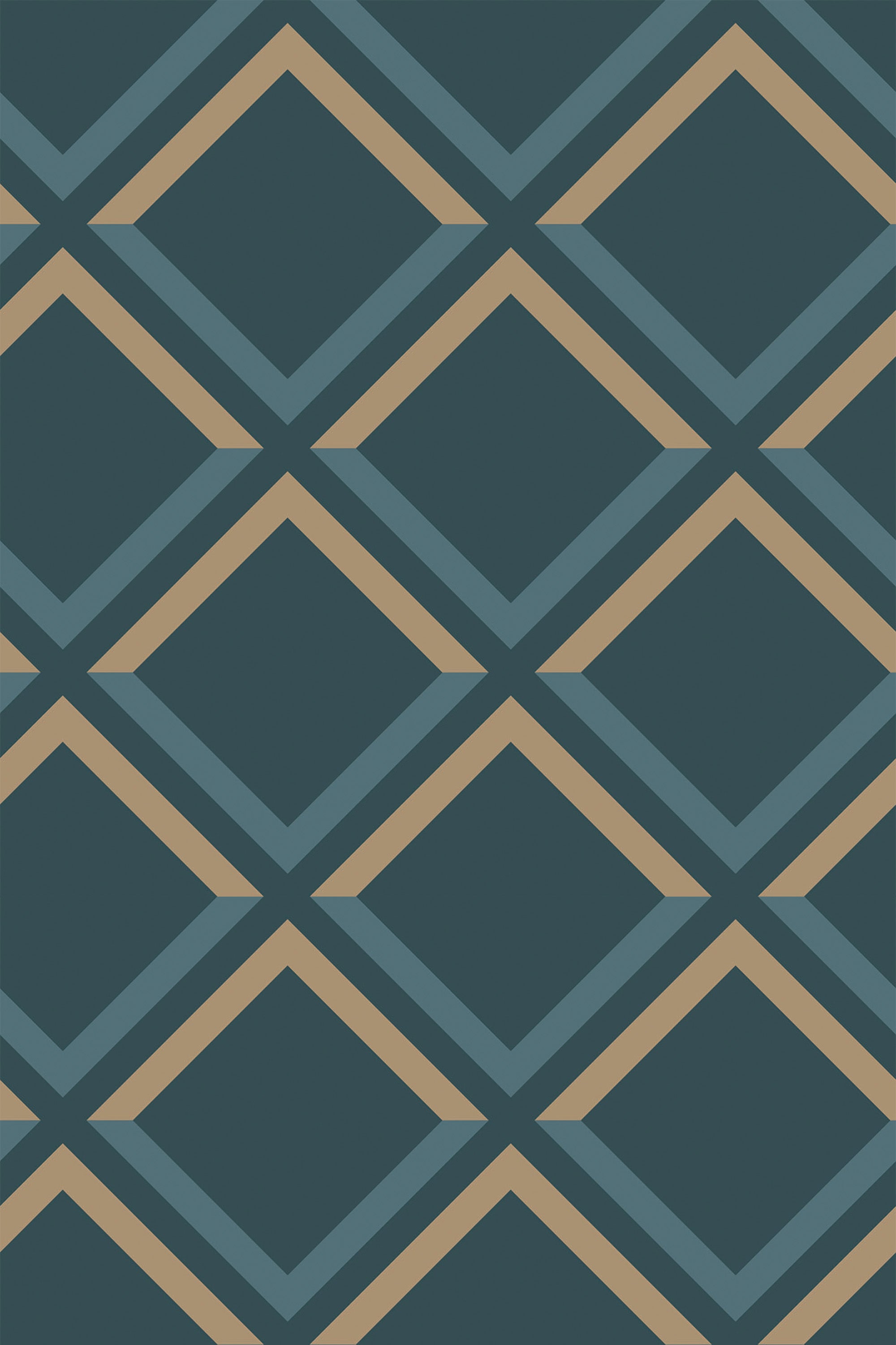 Bold geometric pattern with interlocking diamond shapes in shades of teal and gold, creating a striking modern design. Peel and stick removable wallpaper.