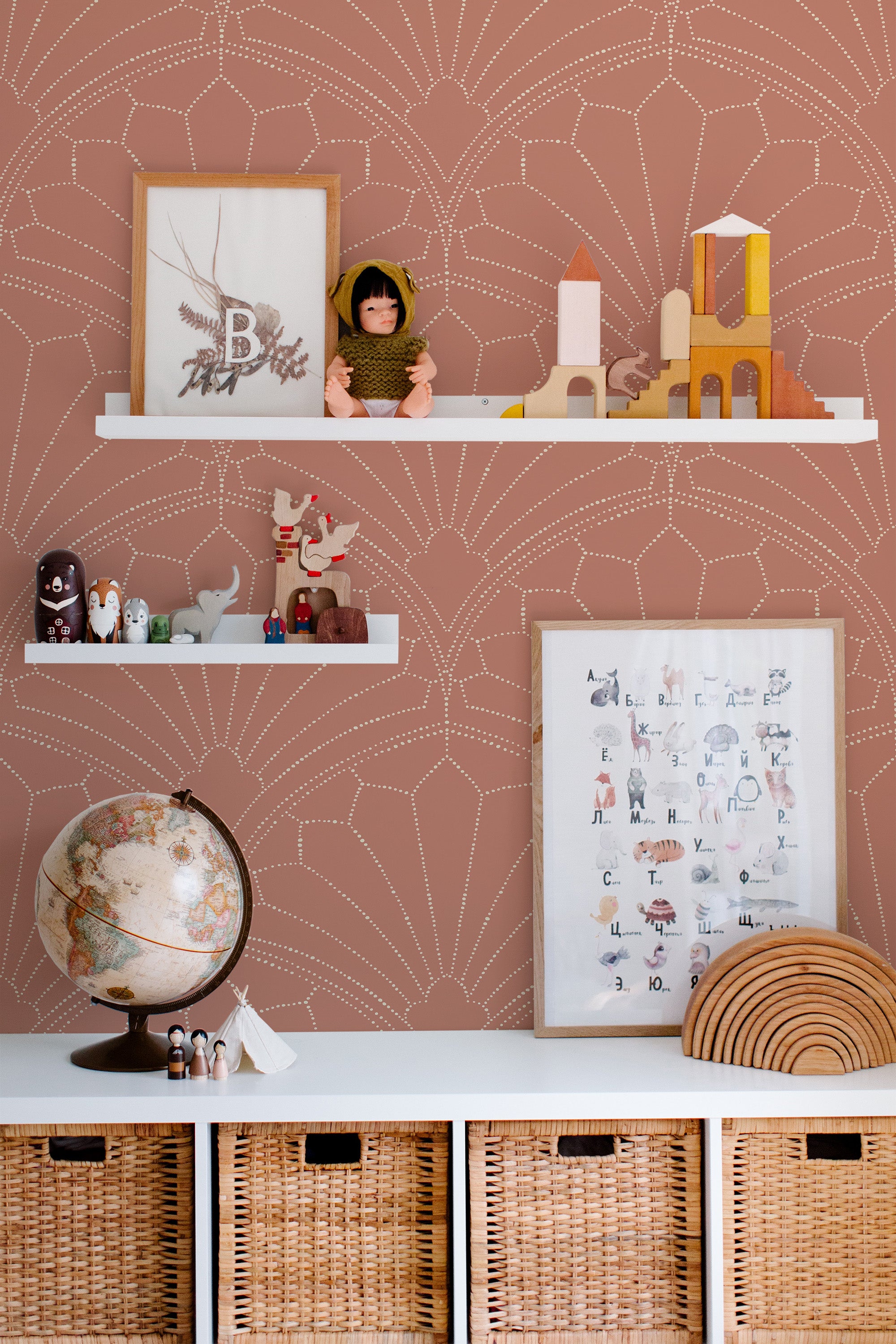 Self-adhesive wallpaper with an art deco dotted pattern in white on a soft mauve background, creating a geometric fan-like design.