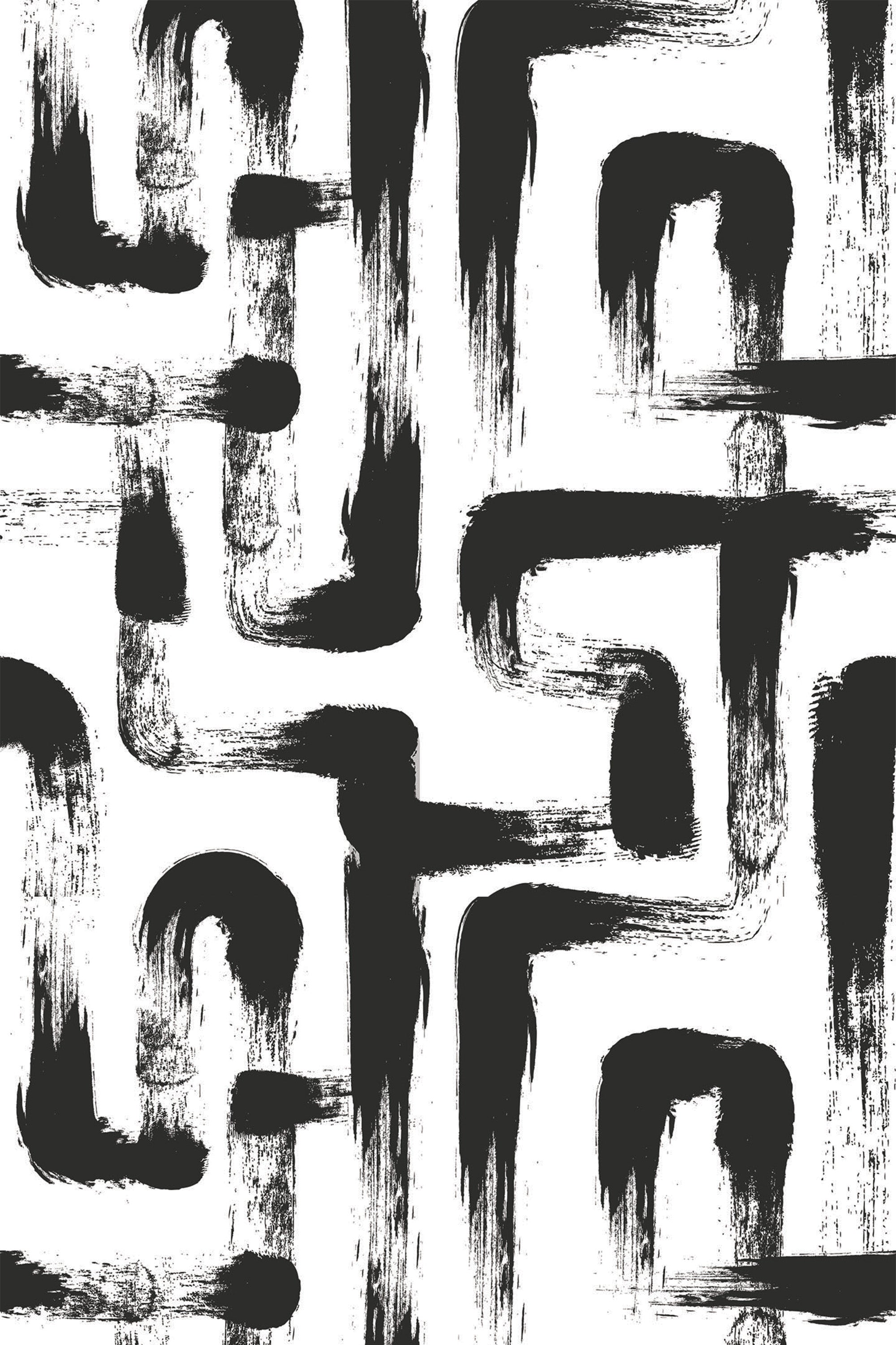 A black and white abstract wallpaper pattern with bold, sweeping brushstroke lines forming interconnected geometric maze-like shapes against a white background, peel and stick removable wallpaper.