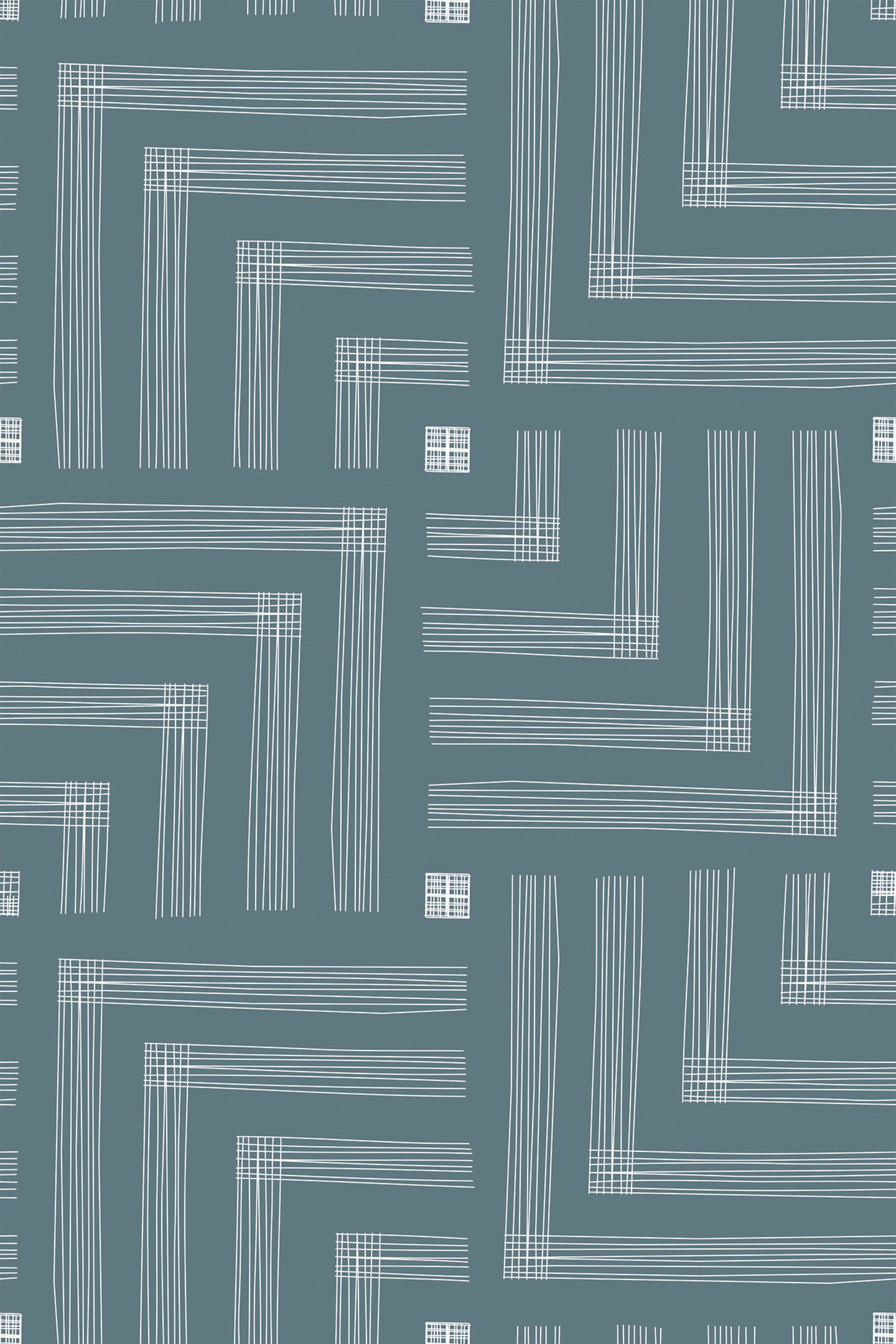 Pattern of white and gray interlocking squares and rectangles on a teal background, forming a geometric seamless square design, suitable for peel and stick removable wallpaper.