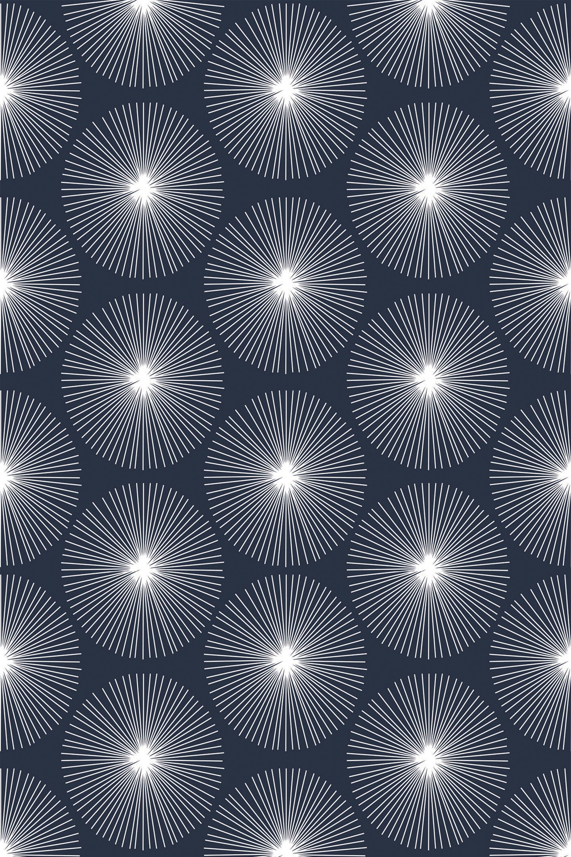 Pattern of stylized white dandelion silhouettes on a navy blue background, offering a modern geometric aesthetic for a peel and stick removable wallpaper.