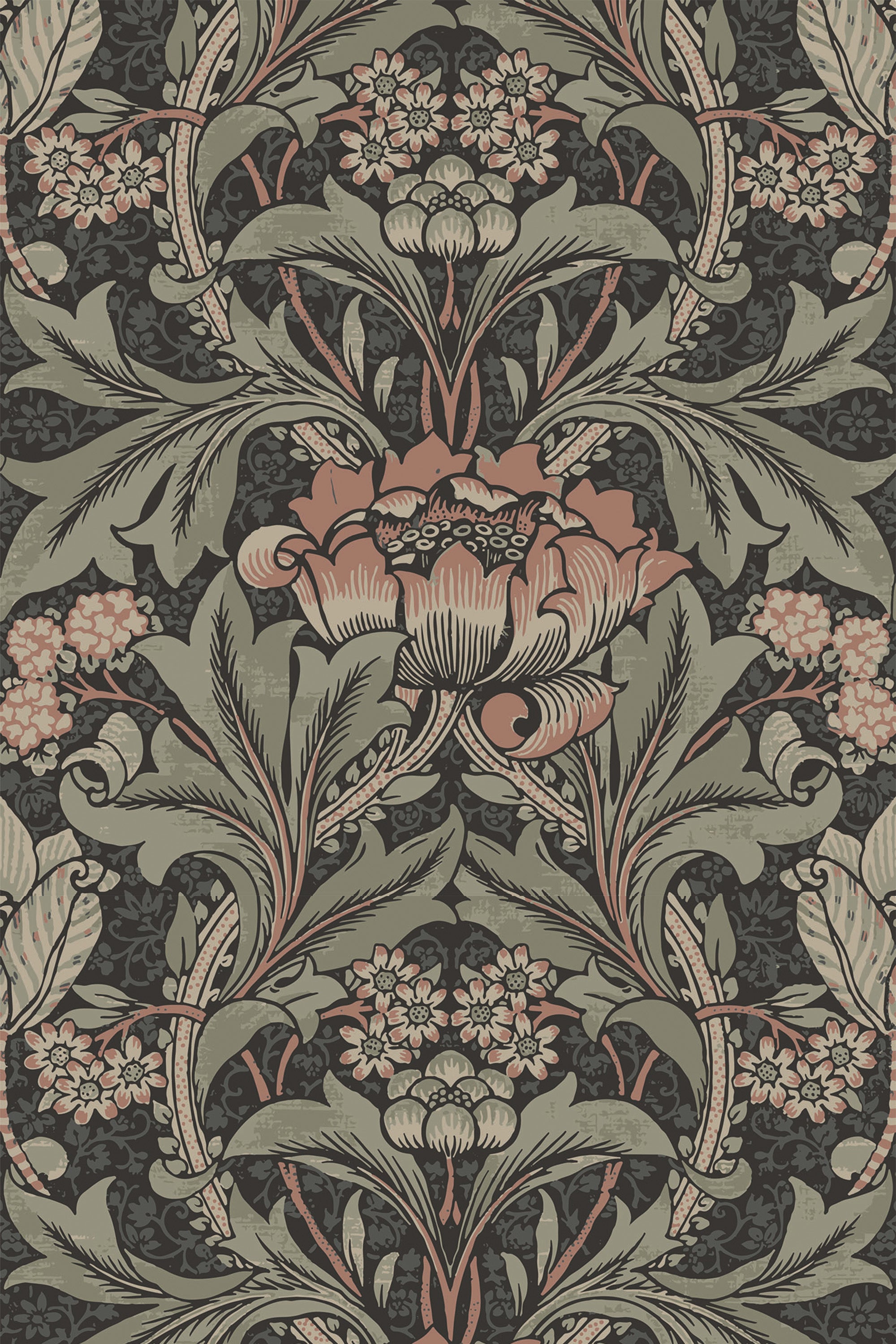Vibrant vintage-inspired floral motif with large central flowers and intricate leaves on a dark background, Bold Retro pattern, peel and stick removable wallpaper.