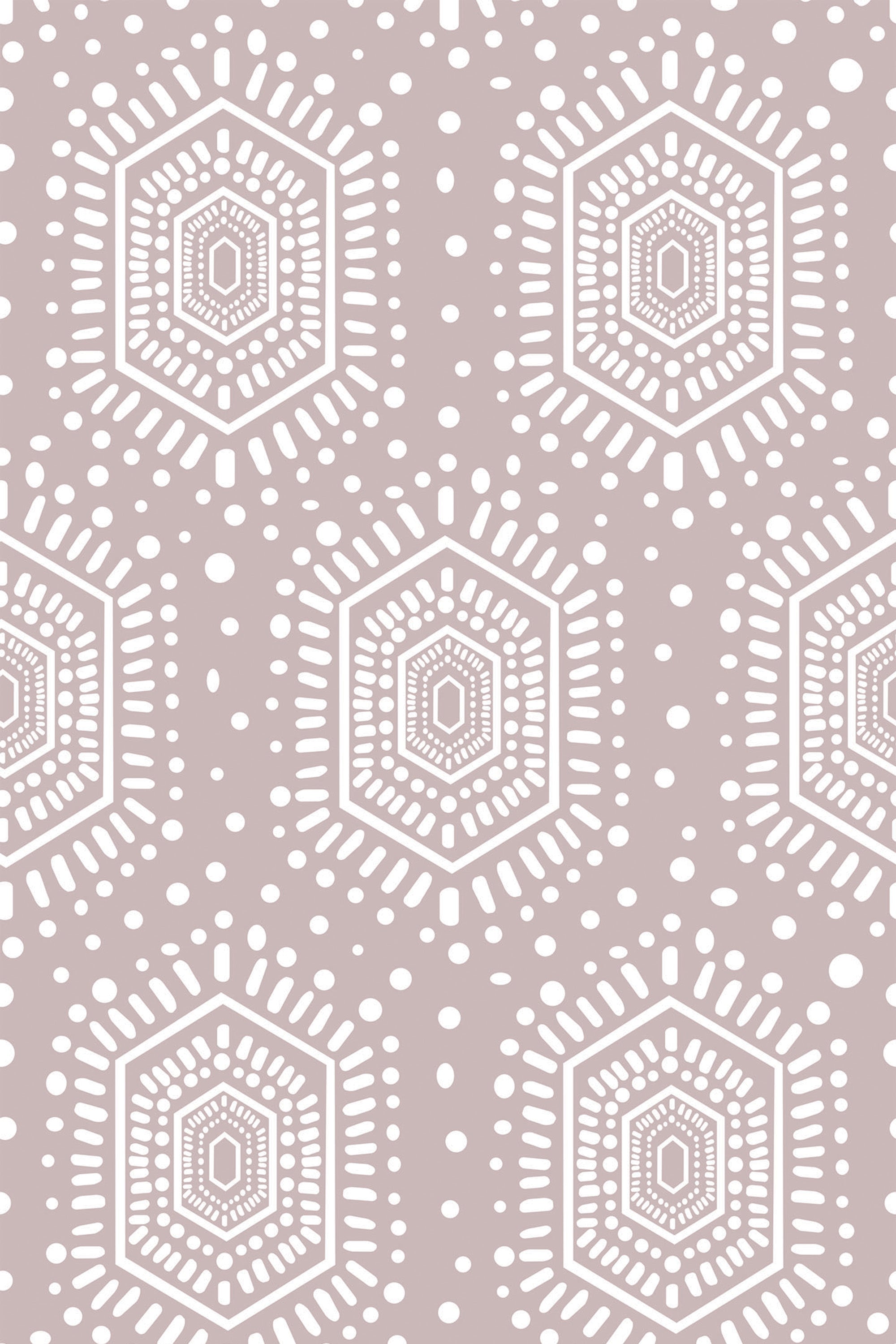 A pattern of white geometric mandala-inspired motifs on a taupe background, peel and stick removable wallpaper.