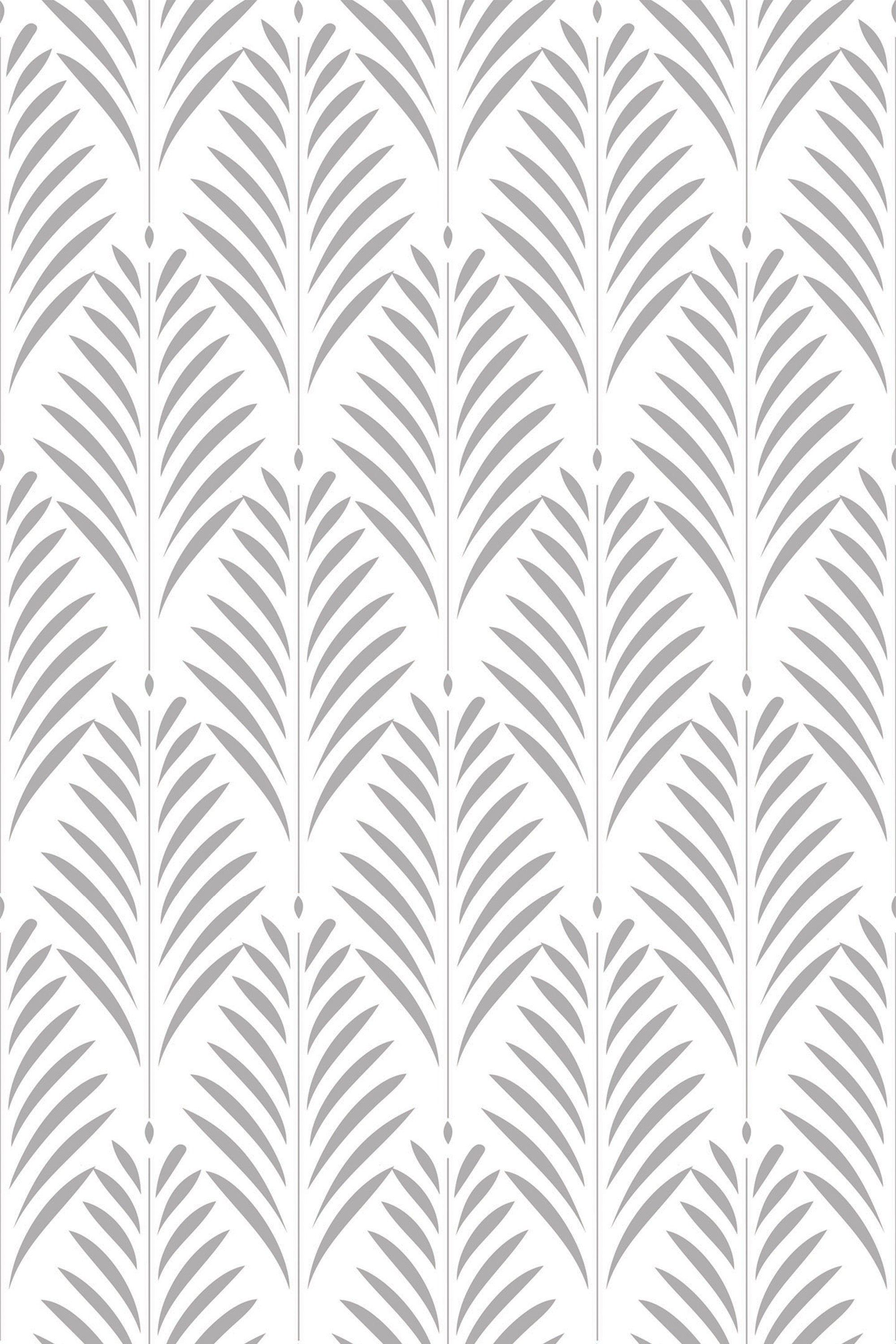 A pattern of stylized grey leaf motifs aligned in vertical rows on a white background, peel and stick removable wallpaper.