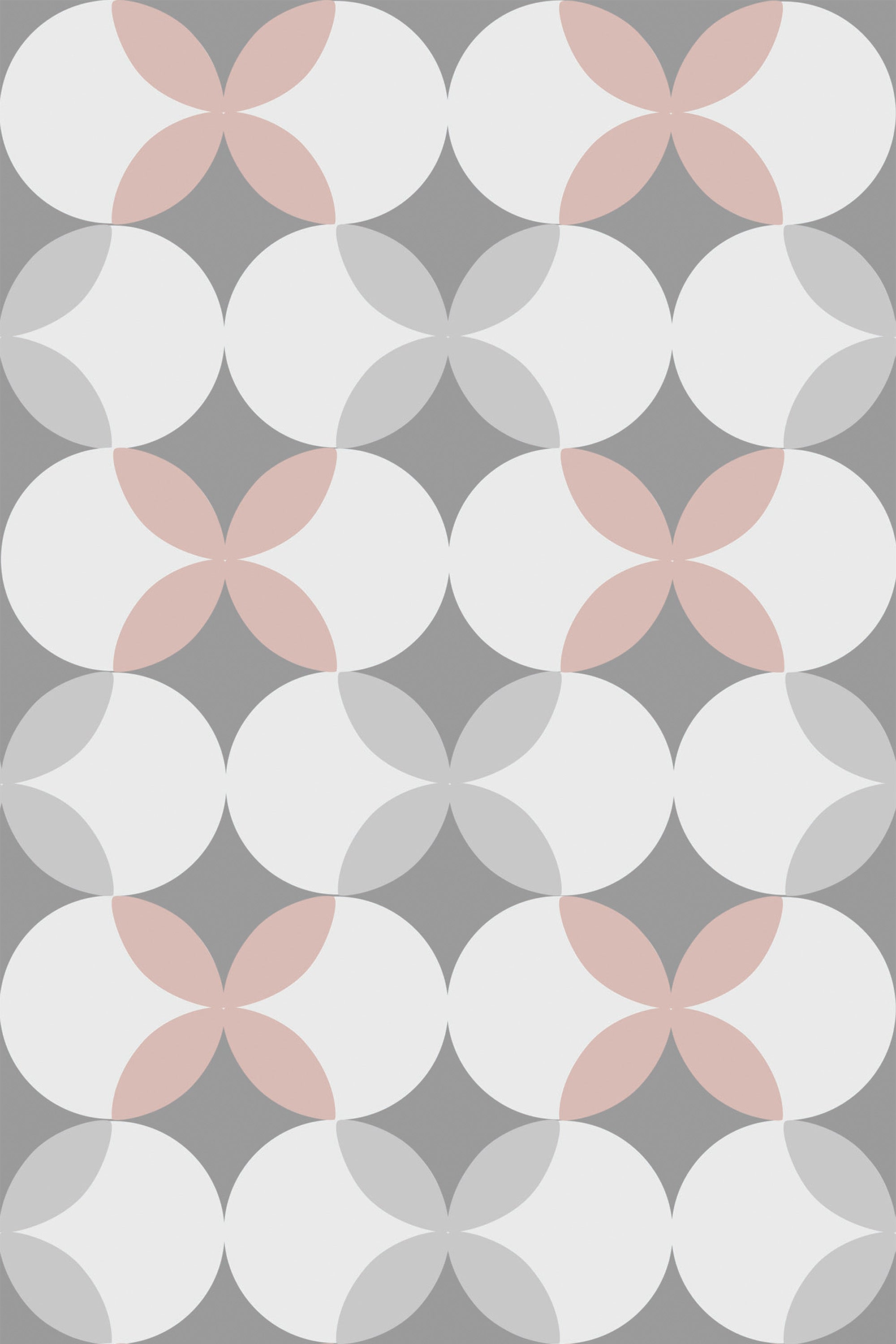 A pattern of white, gray, and pink retro dotted flowers on a peel and stick removable wallpaper.