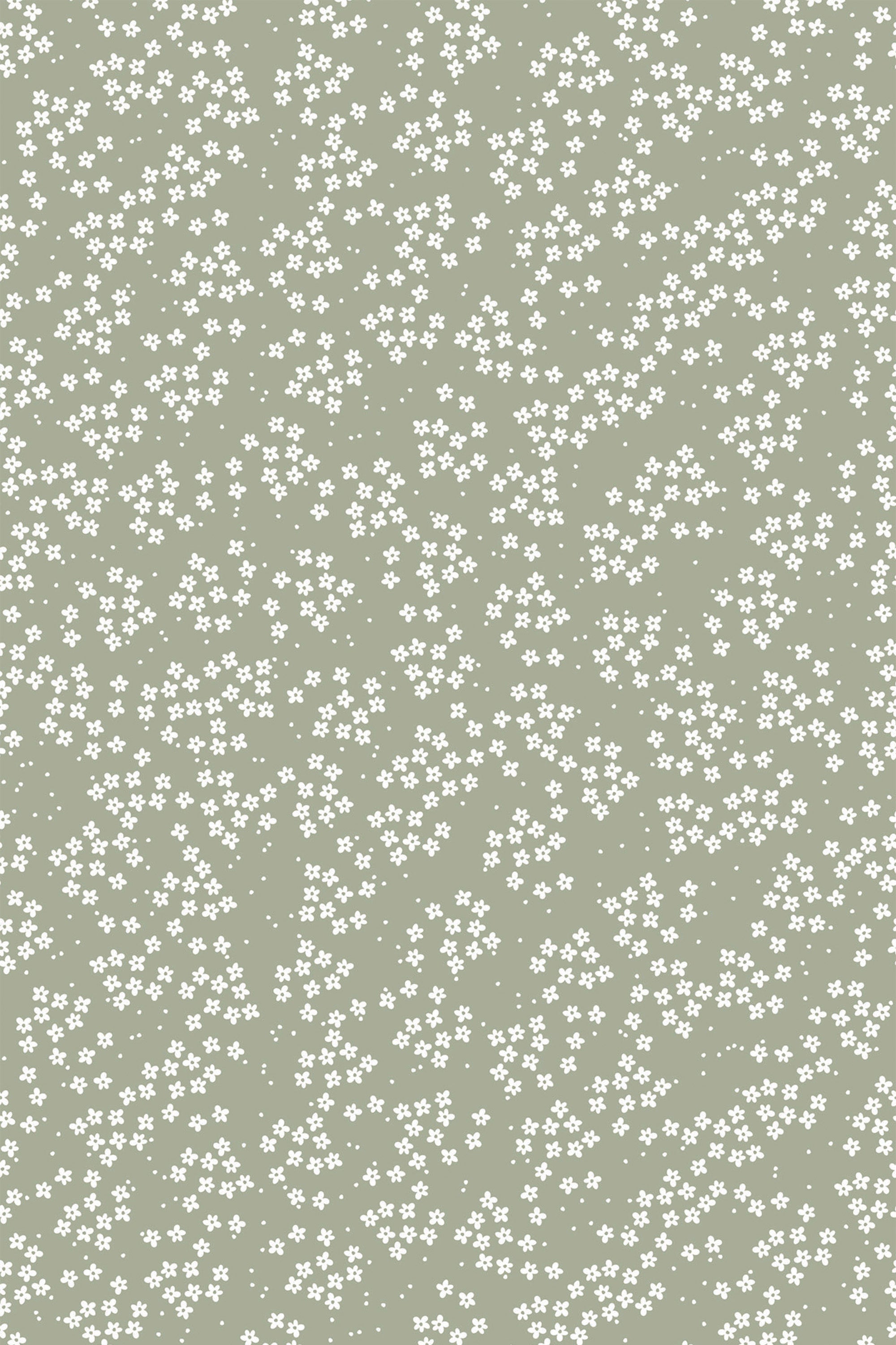Small white flowers scattered across a muted green background, creating a delicate and subtle pattern for a peel and stick removable wallpaper.