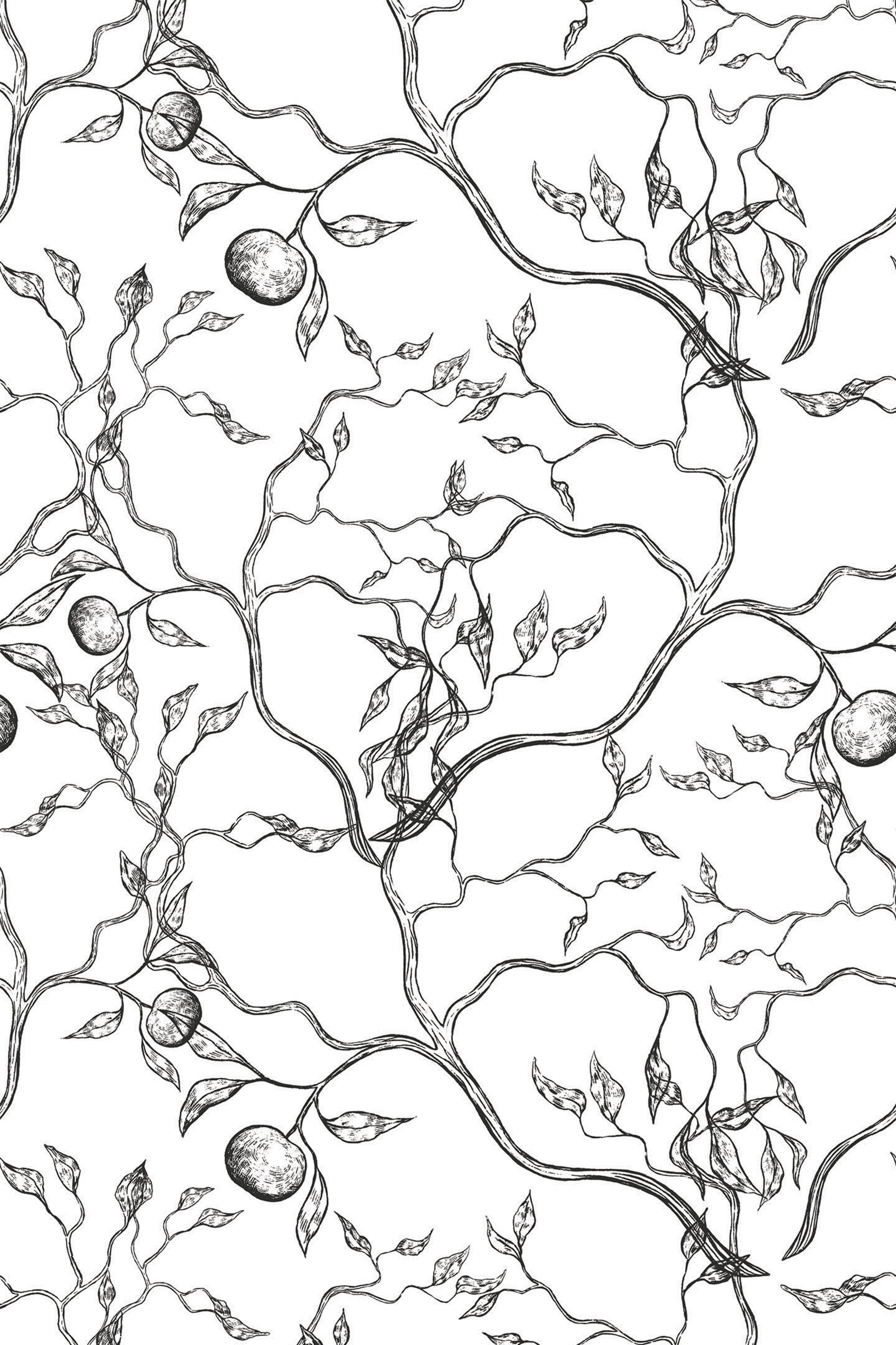 Elegant black and white Japanese tree pattern with intertwined branches and leaves, and sporadic fruit details on a peel and stick removable wallpaper.