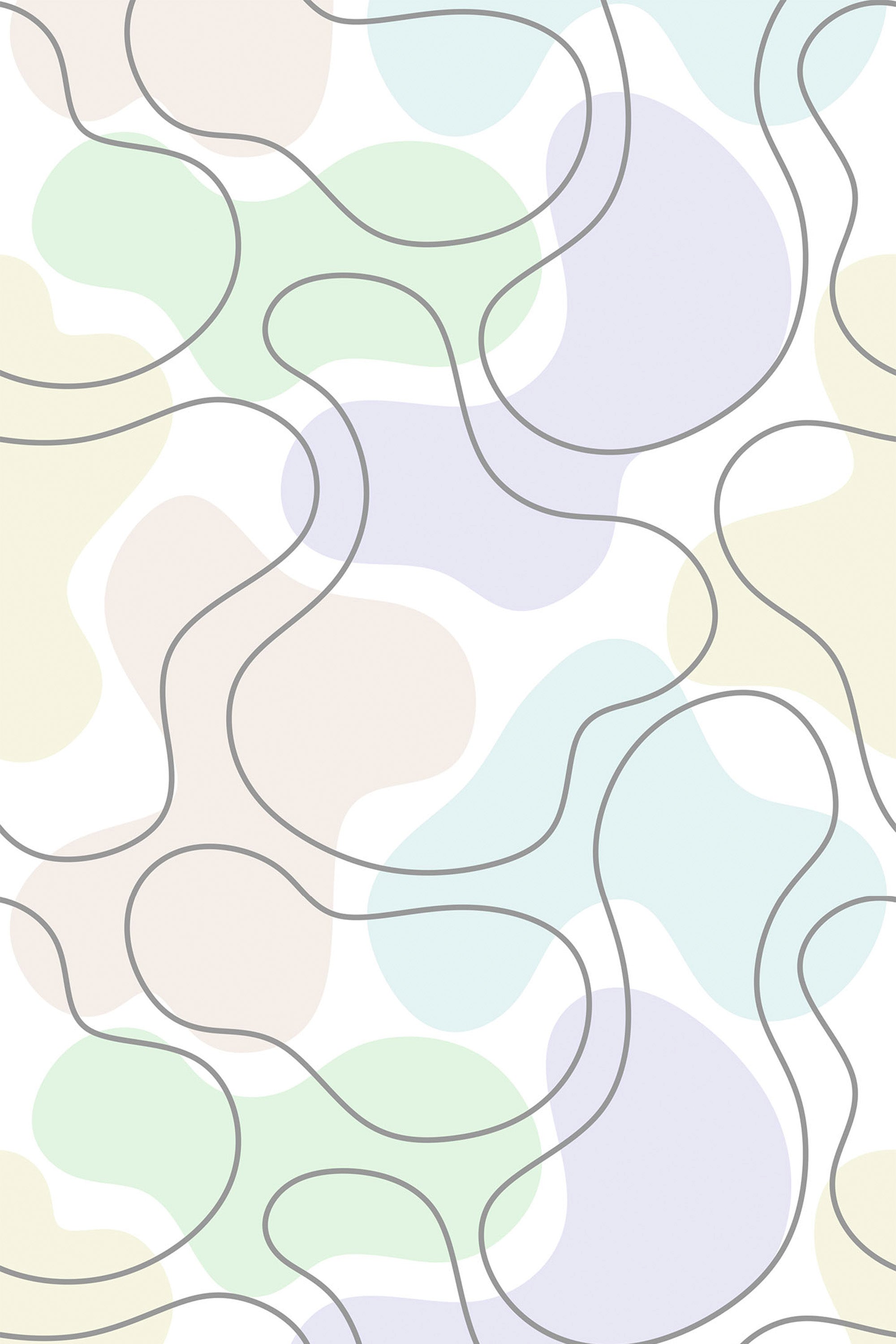 Abstract wavy lines in soft pastel tones of green, blue, and beige on a white background, creating a fluid shapes pattern for a peel and stick removable wallpaper.