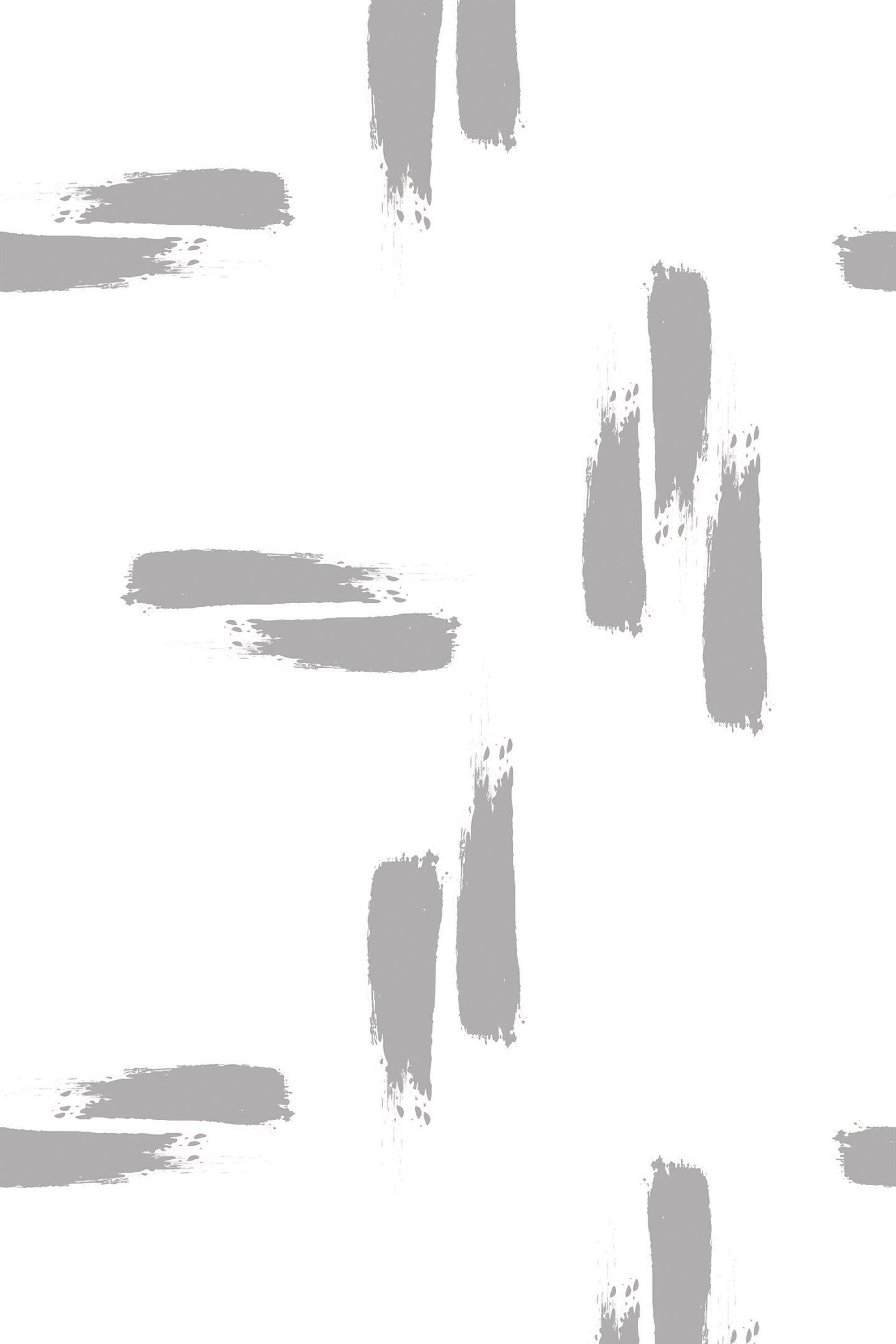 Abstract brush stroke pattern in varying lengths and thicknesses, with a neutral gray color on a white background, peel and stick removable wallpaper.
