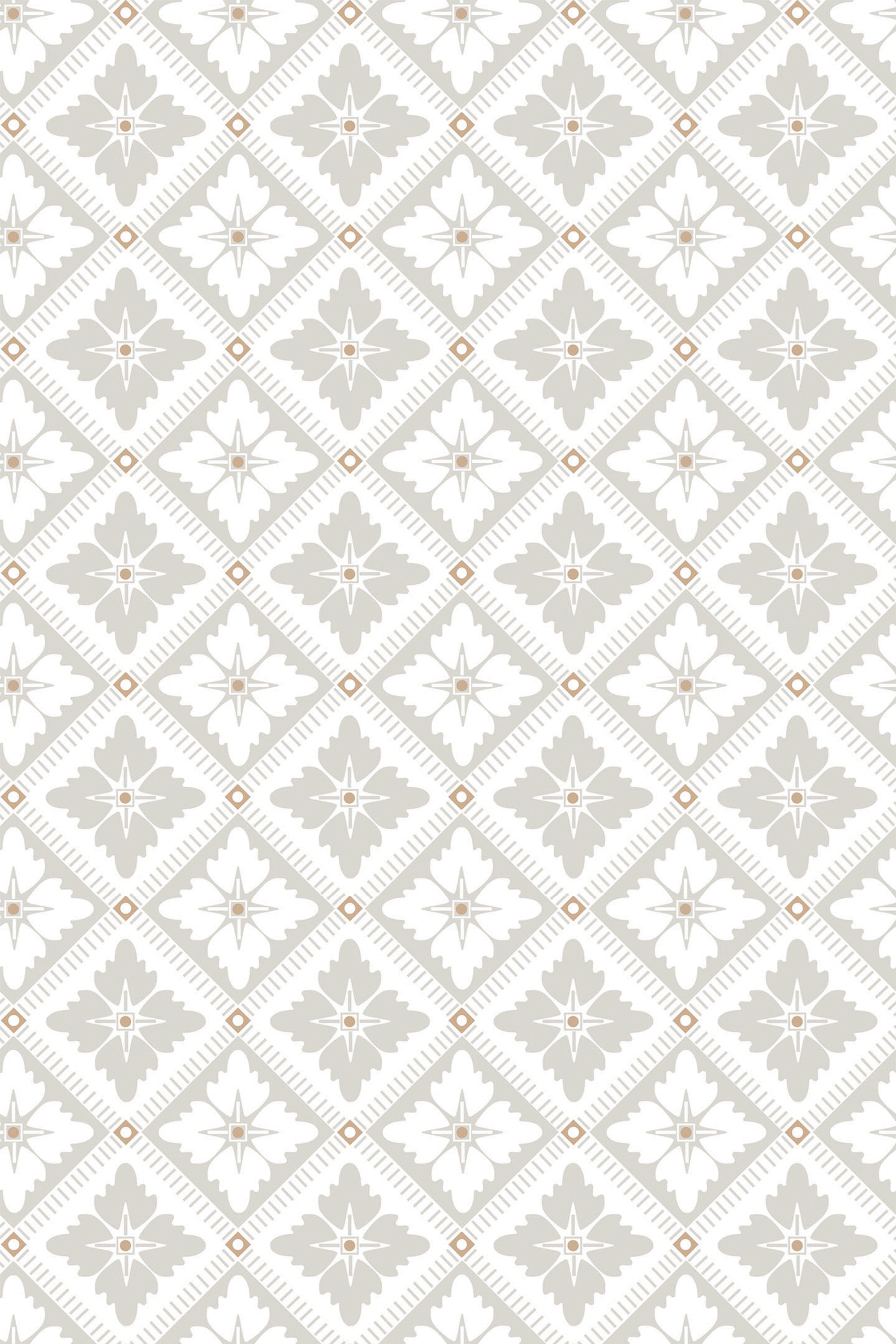A seamless pattern of neutral-toned vintage tiles with geometric shapes and intricate details. The design includes diamond shapes and stylized floral accents in soft gray and beige tones. Peel and stick removable wallpaper.