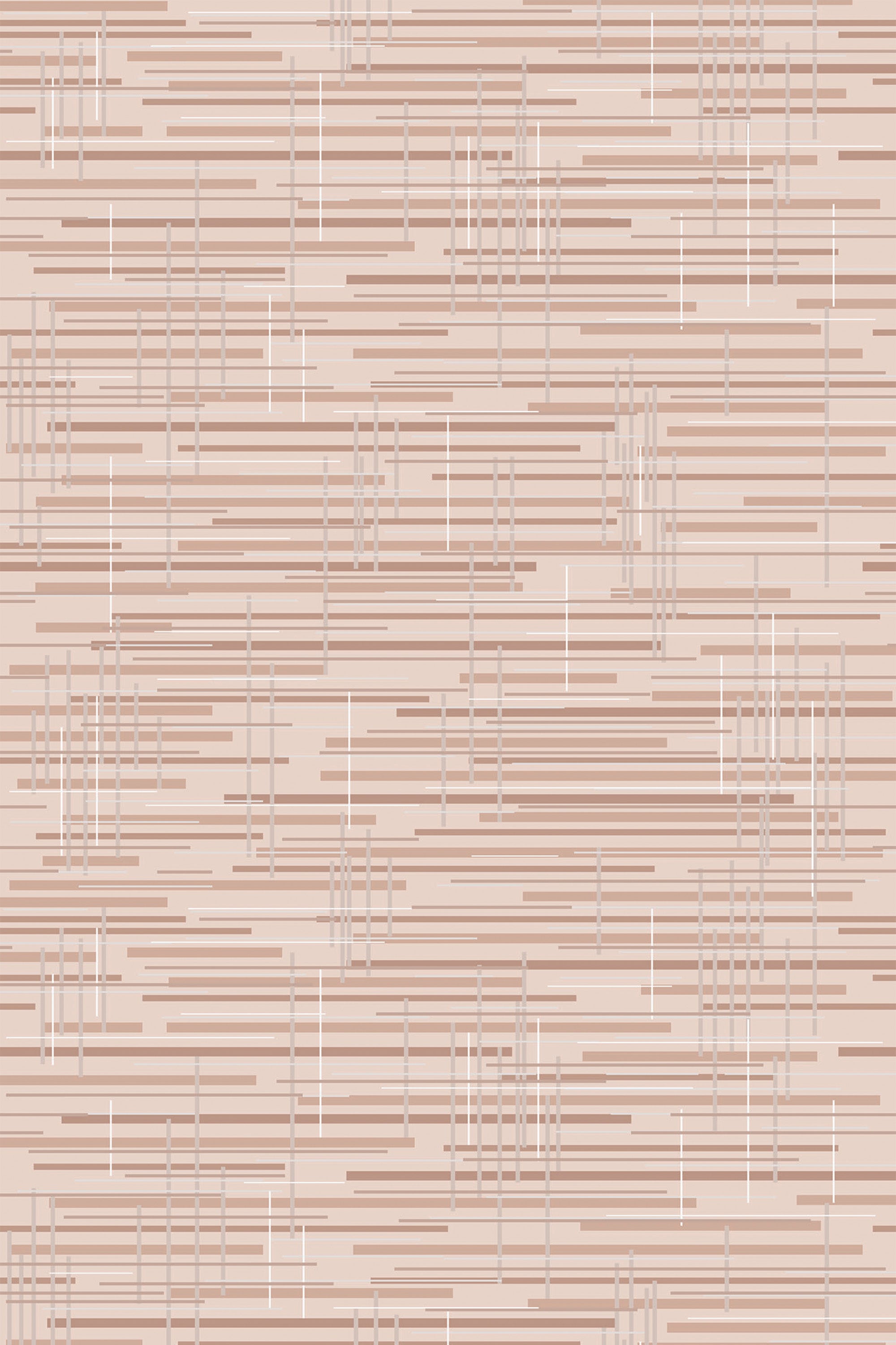A Pink abstract texture with horizontal lines and random geometric shapes in varying shades of beige and brown. Peel and stick removable wallpaper.