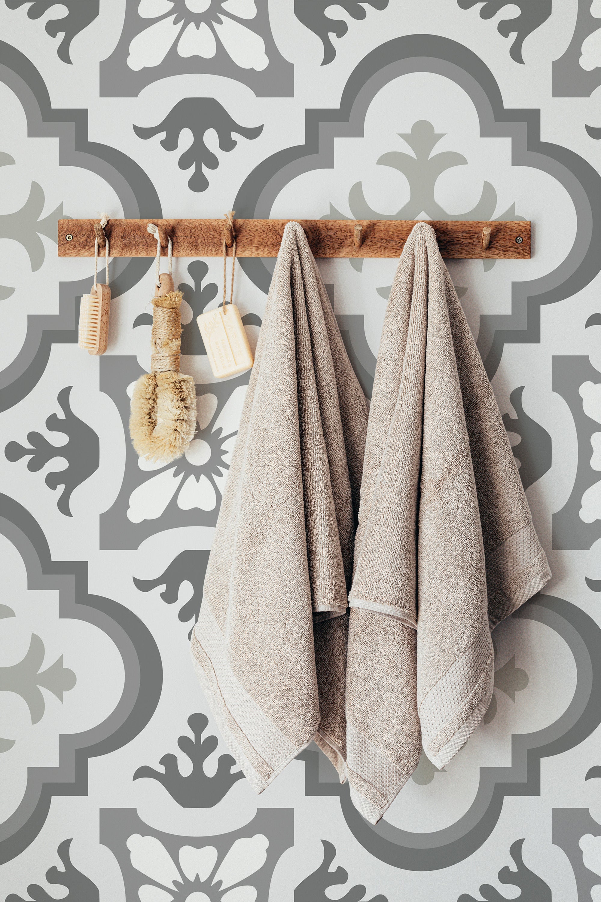 Self-adhesive wallpaper with a Gray French tile design, featuring intricate patterns in shades of gray and white, creating a classic and elegant look in the room.