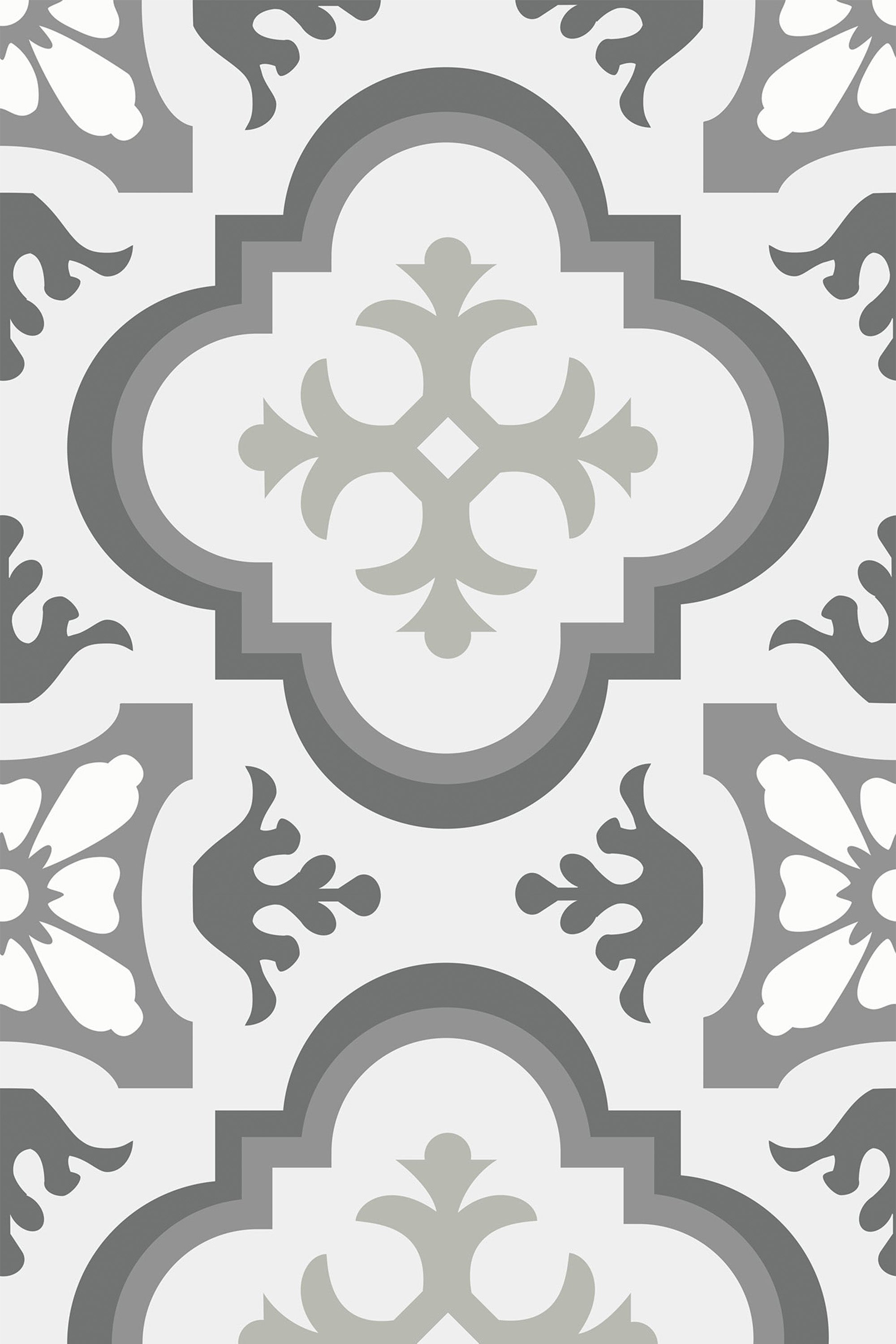 A repeating pattern of intricate gray quatrefoil designs with fine floral and geometric details on a soft background, creating a classic and elegant French tile look. Peel and stick removable wallpaper.