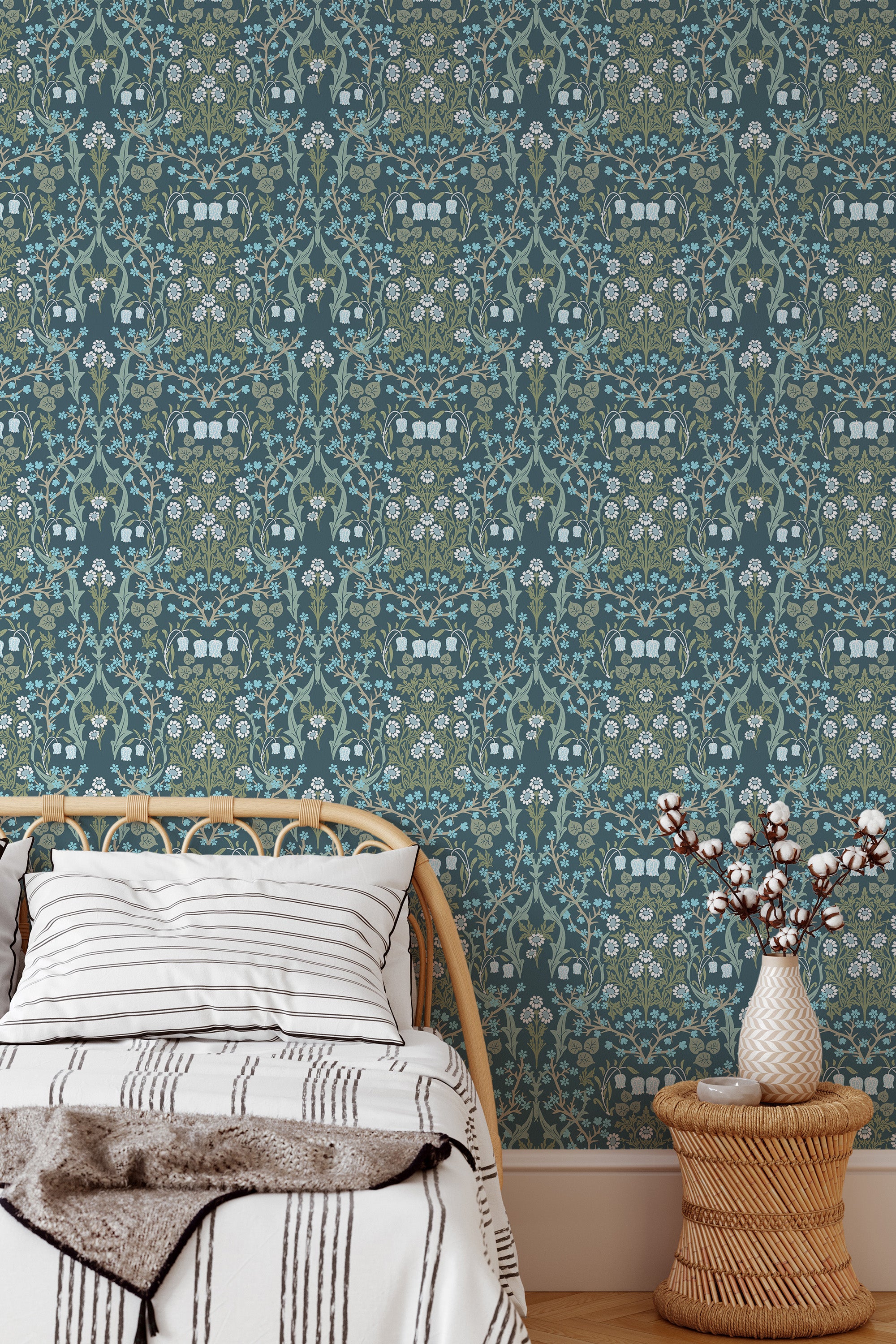 Self-adhesive Victorian garden wallpaper with intricate floral patterns, lush vines, and blooming flowers in muted green and blue tones, creating a vintage and elegant atmosphere in the room.