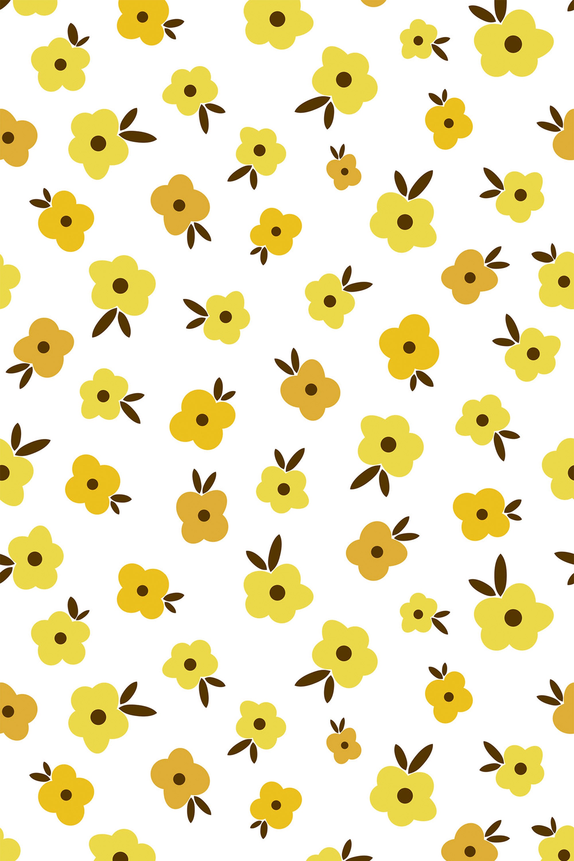 Pattern of small yellow and brown flowers with simple leaves on a white background, peel and stick removable wallpaper.