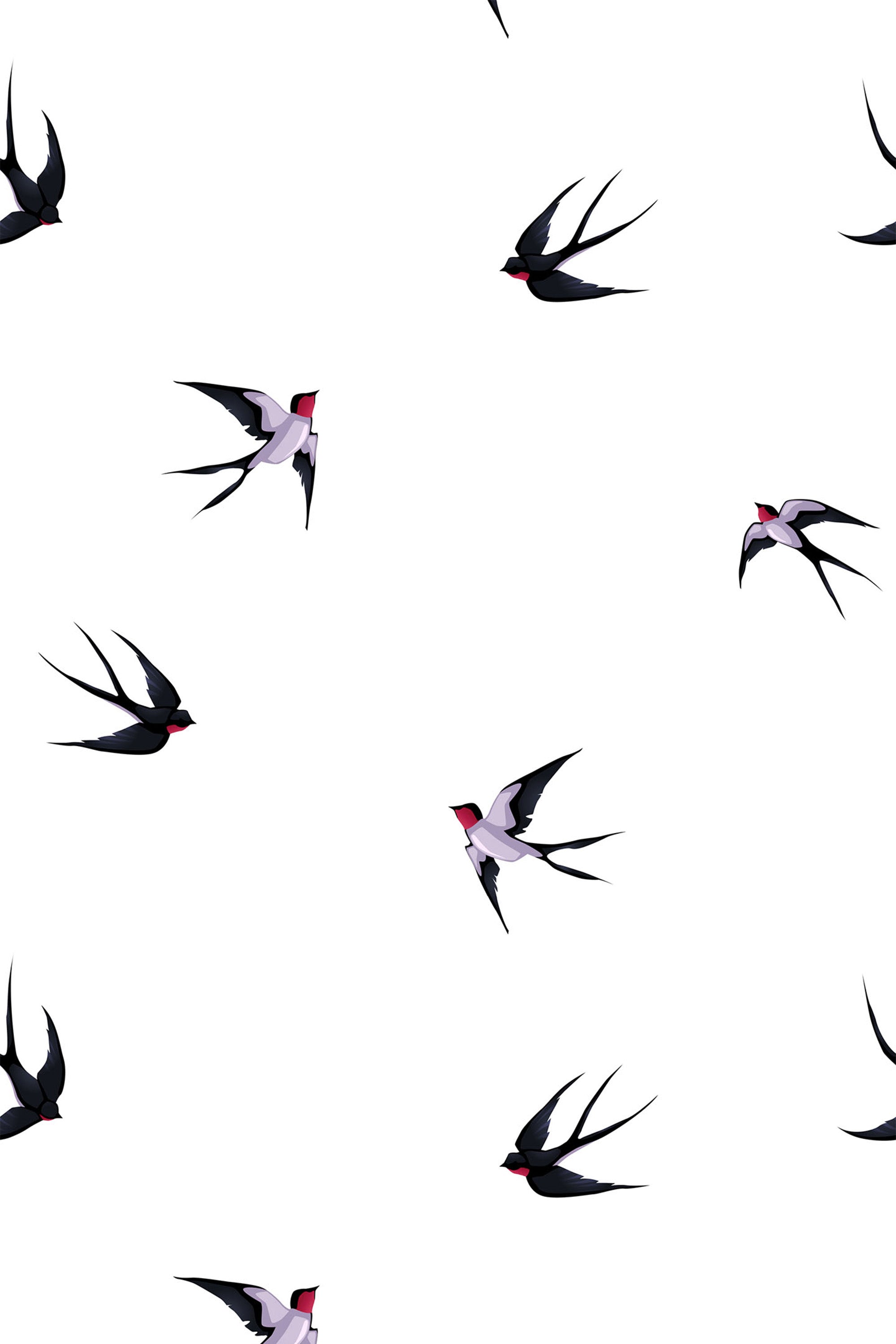 Swallows in flight, with dark wings and red throats, scattered across a white background. Peel and stick removable wallpaper.
