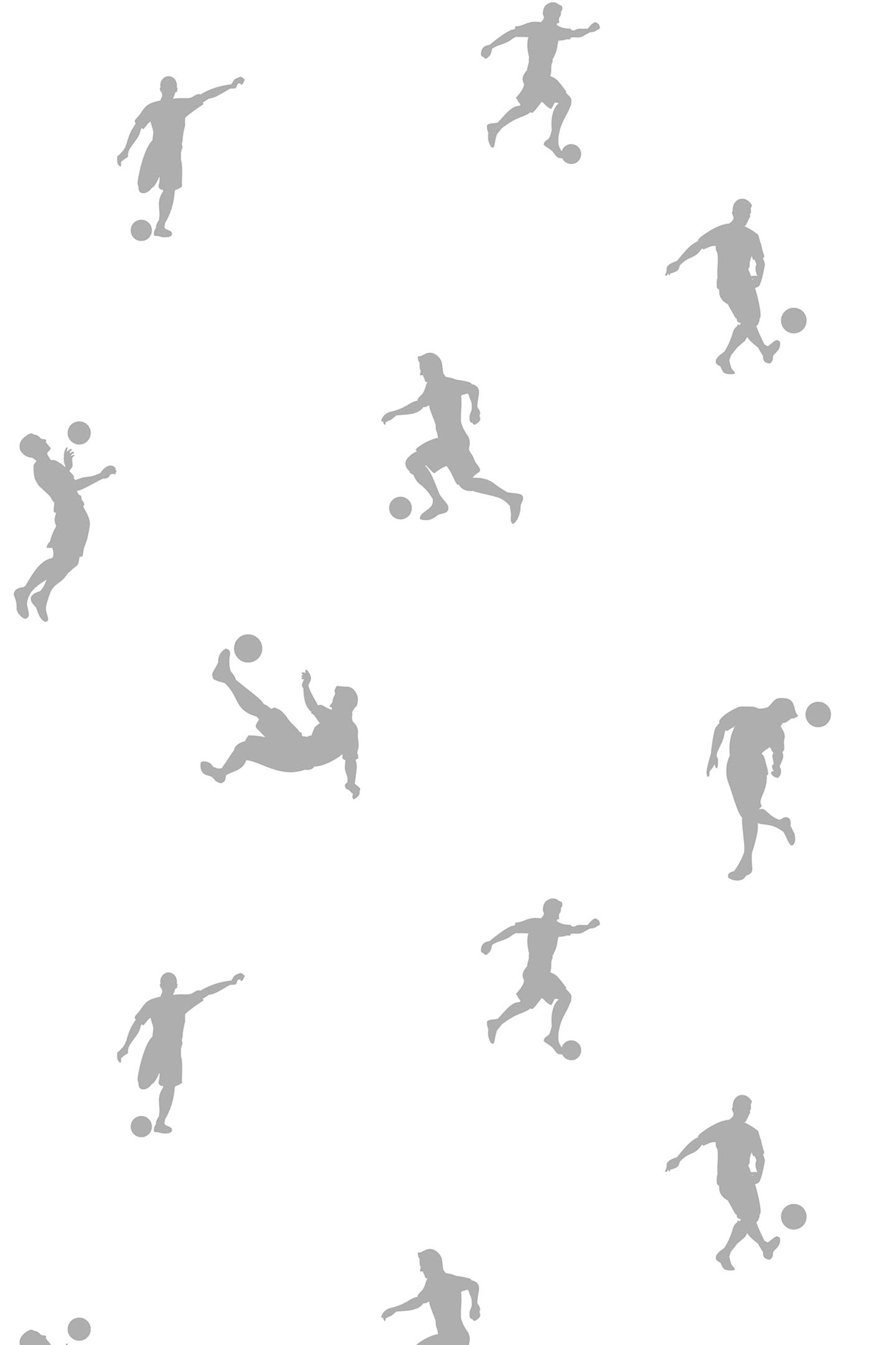 Silhouettes of football players in various action poses are arranged in a scattered pattern on a white background. The figures are grey, adding a subtle contrast to the white background. This is a peel and stick removable wallpaper.