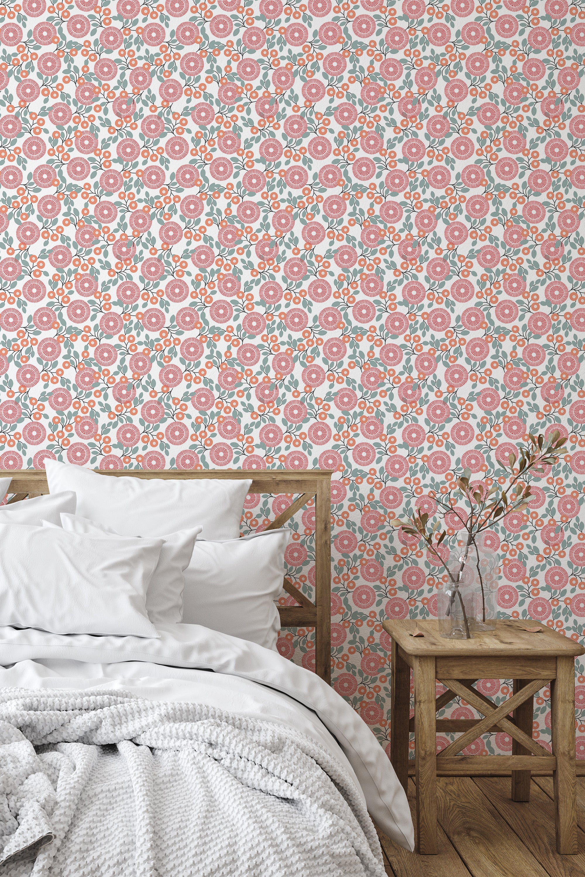 Self-adhesive wallpaper with a vintage pink rose design on a white background, accented with small green leaves and subtle floral details, creating a cozy and romantic atmosphere in the room.
