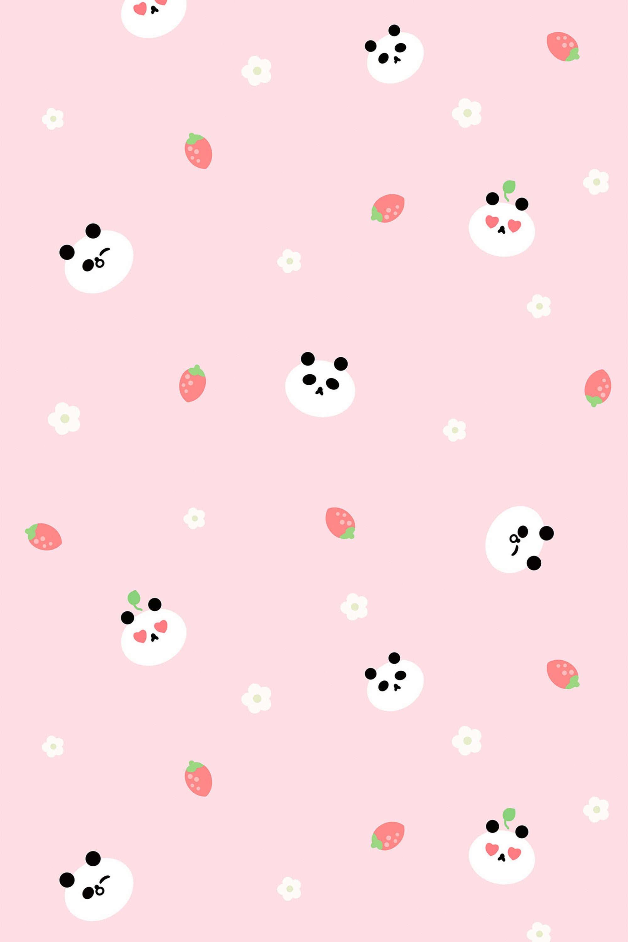 Cute Kawaii wallpaper with a pink background filled with small panda faces, strawberries, and white flowers scattered across the design. Peel and stick removable wallpaper.