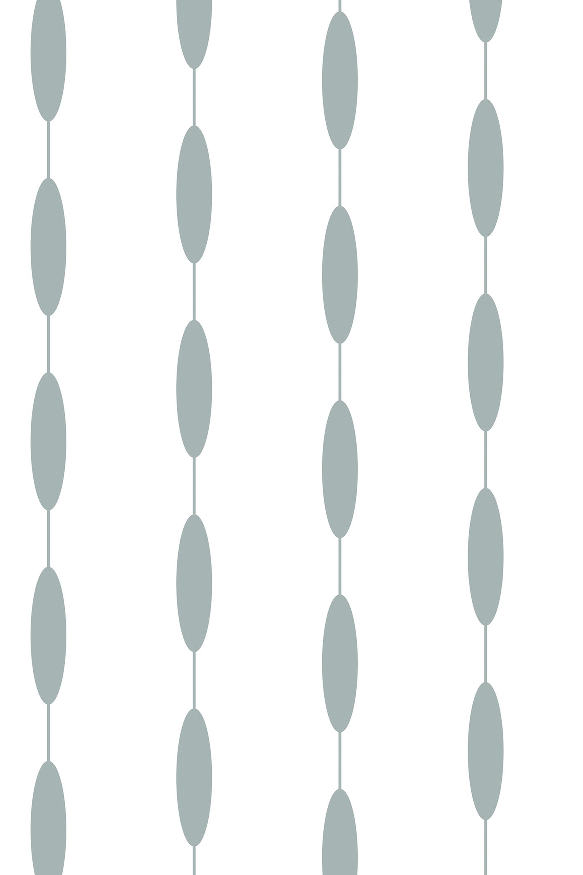 Vertical rows of muted green retro circles connected by small lines on a white background. Peel and stick removable wallpaper.