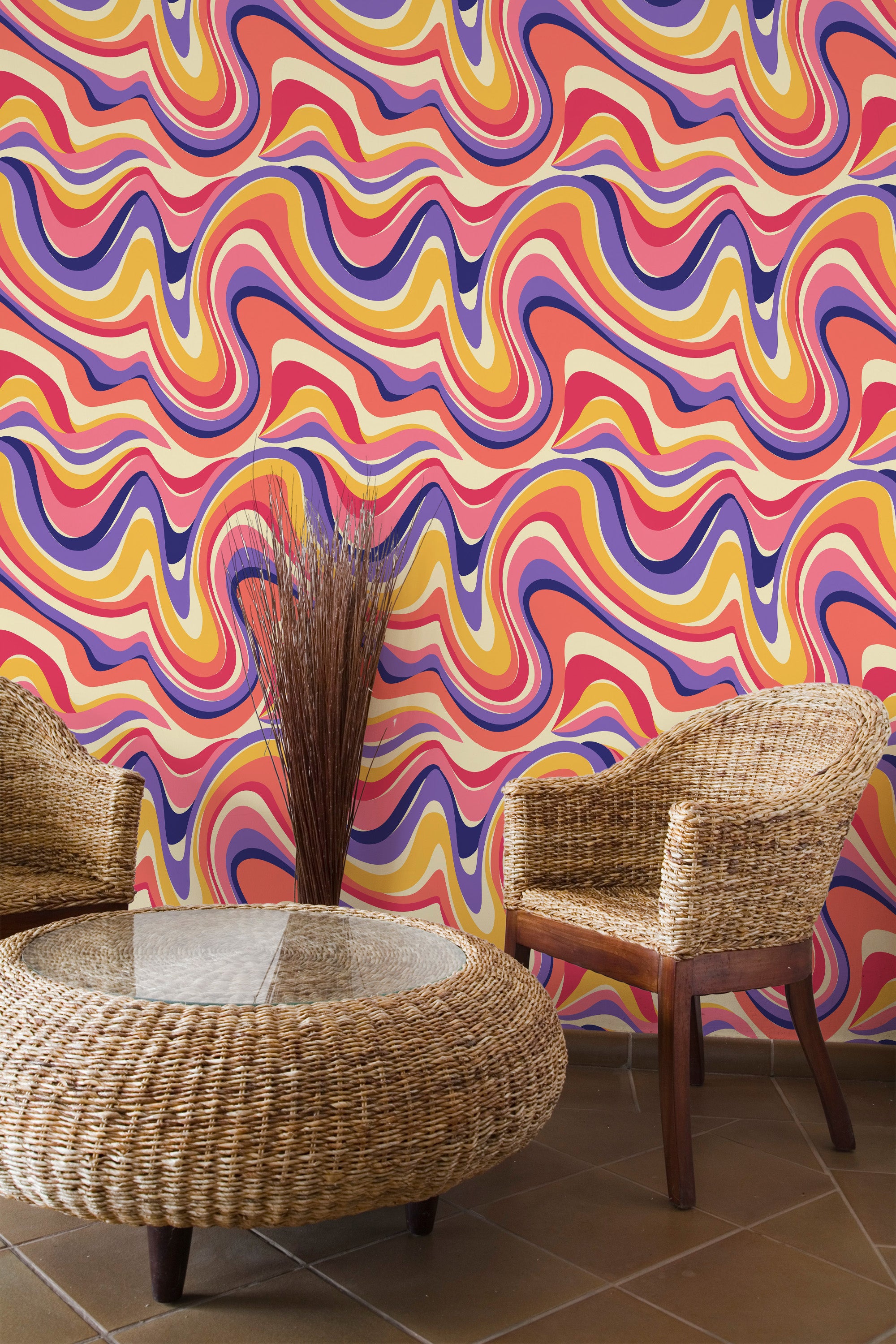 Self-adhesive psychedelic wallpaper with bold, wavy patterns in vibrant hues of pink, orange, yellow, and purple, adding a vivid and retro-inspired aesthetic to the room.