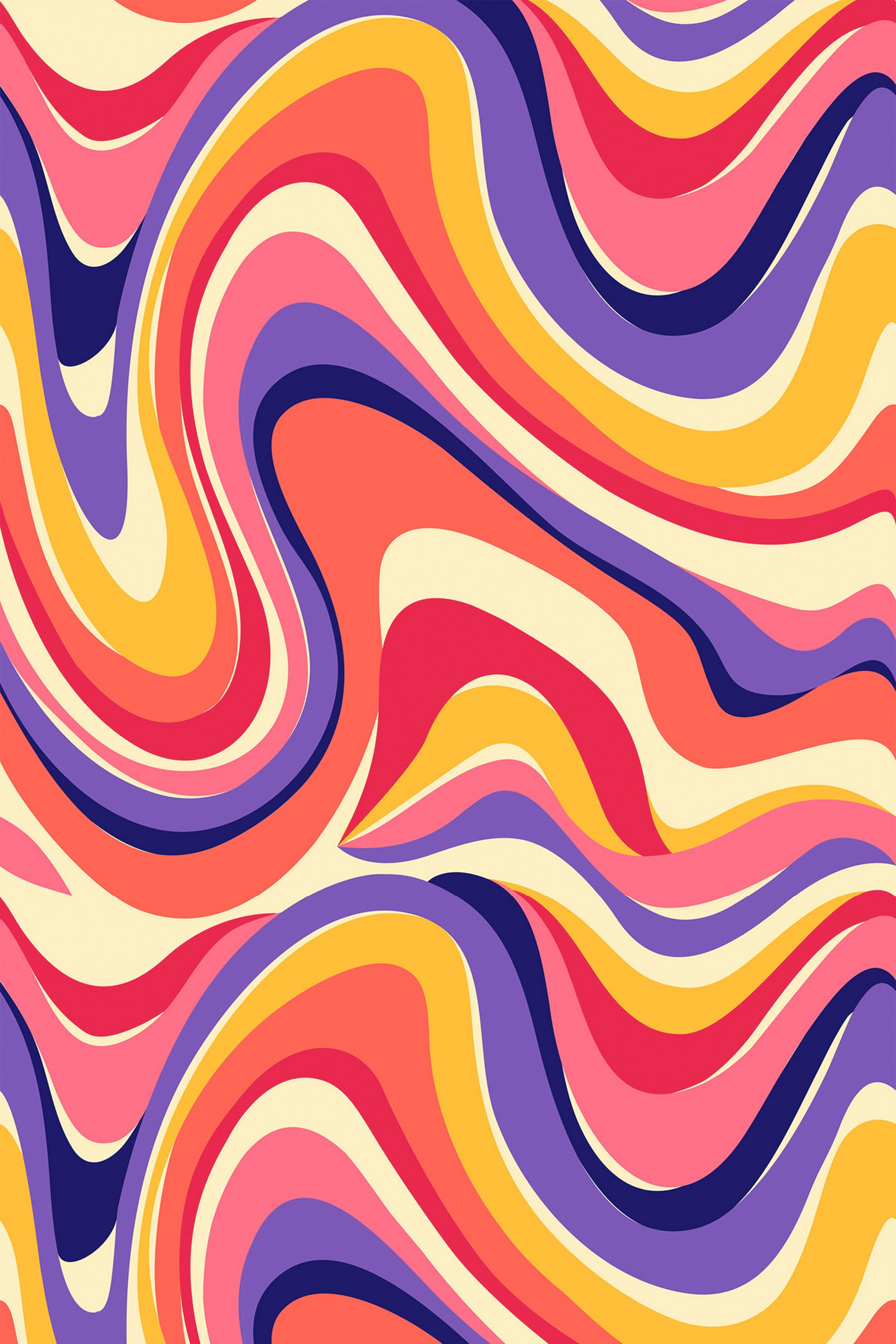 Bright and vibrant swirling patterns in bold shades of orange, pink, purple, yellow, and red, creating a dynamic, wavy, and eye-catching retro-inspired design, perfect for adding a touch of 70s style to any space. Peel and stick removable wallpaper.