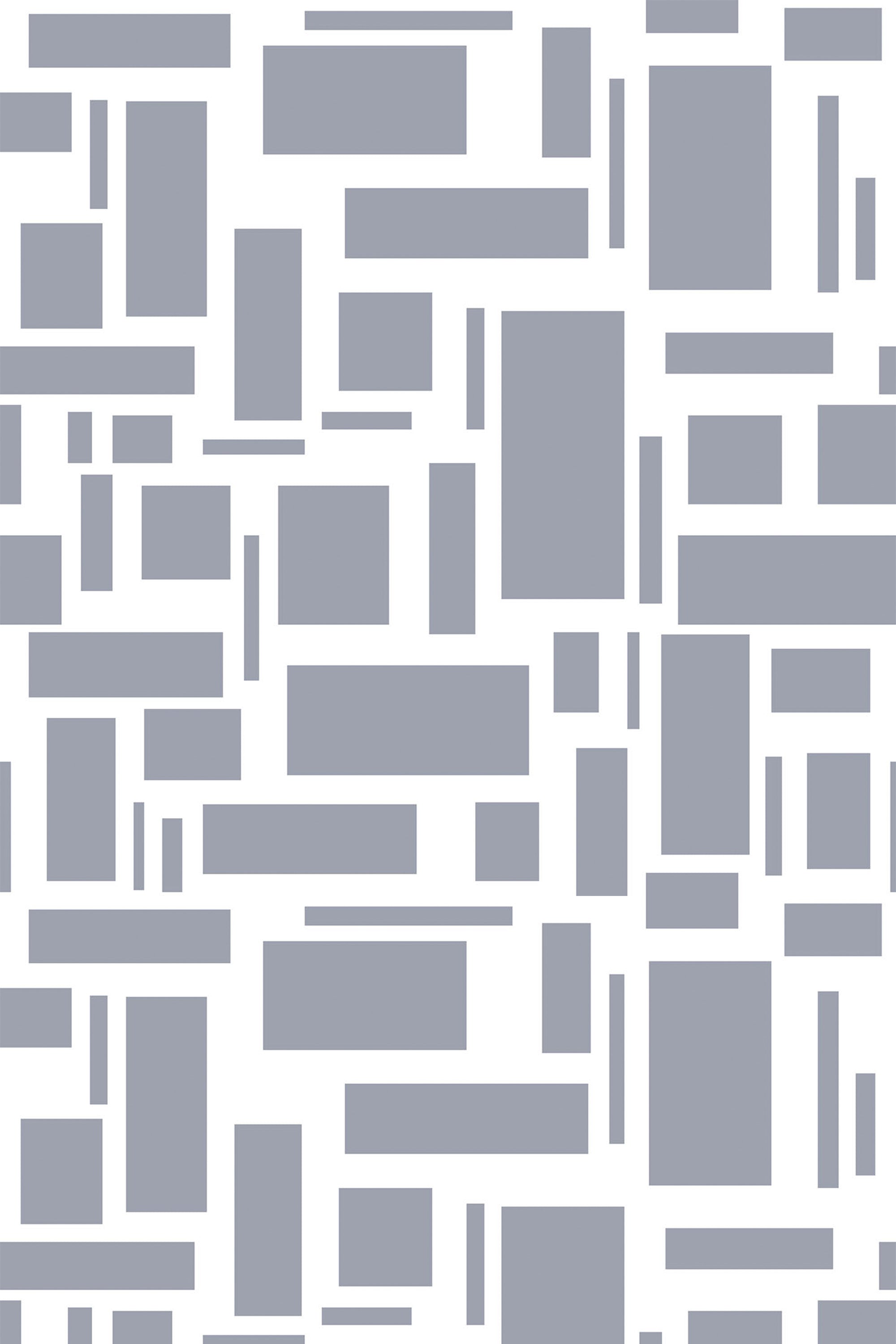 A geometric pattern with various sizes of gray rectangular shapes scattered on a white background, peel and stick removable wallpaper.