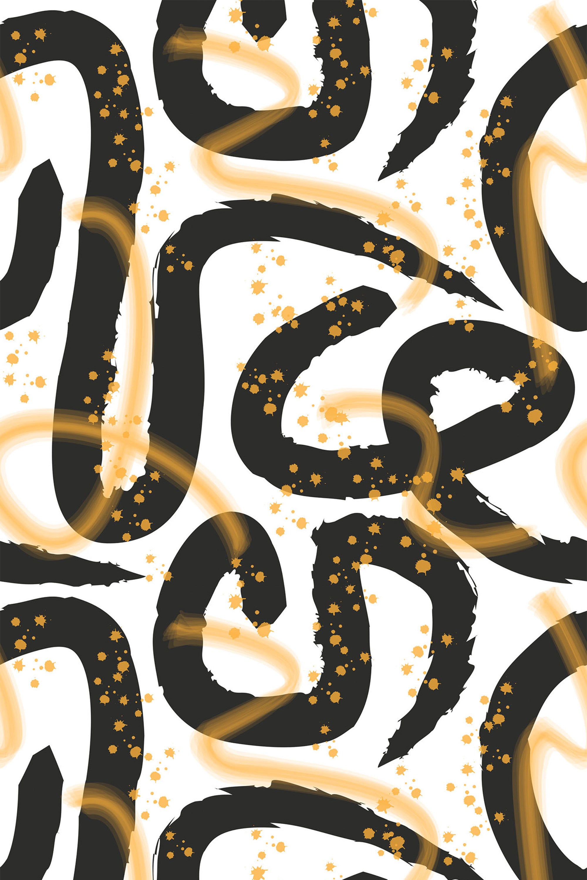 Abstract brushstroke curves in black and subtle golden-yellow swirls overlaying streaks of orange, scattered with small, star-like splatters on a white background, peel and stick removable wallpaper.