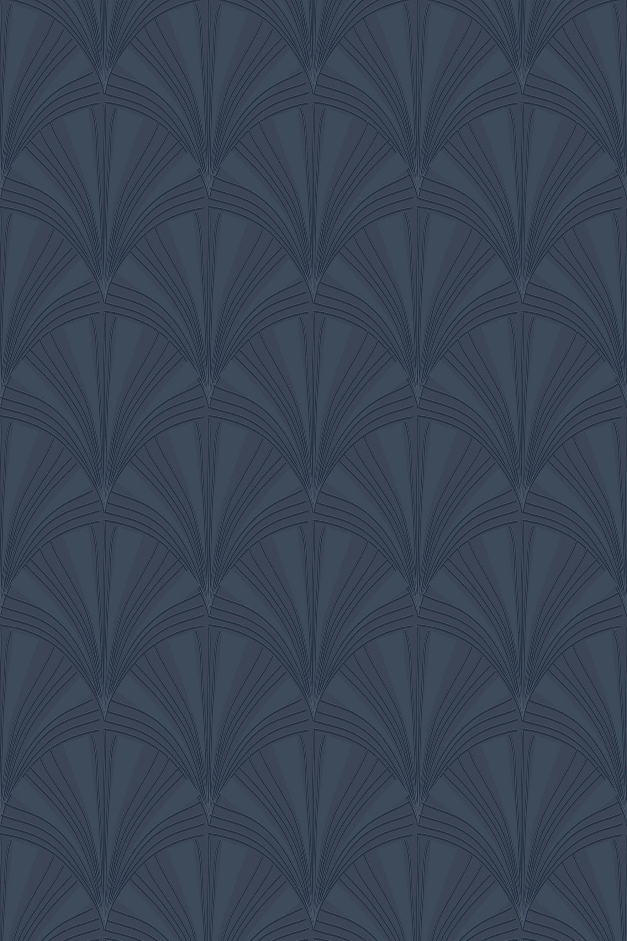 Dark blue Art Deco wallpaper with a repeating fan pattern in a geometric style, reminiscent of the 1920s design. Peel and stick removable wallpaper.