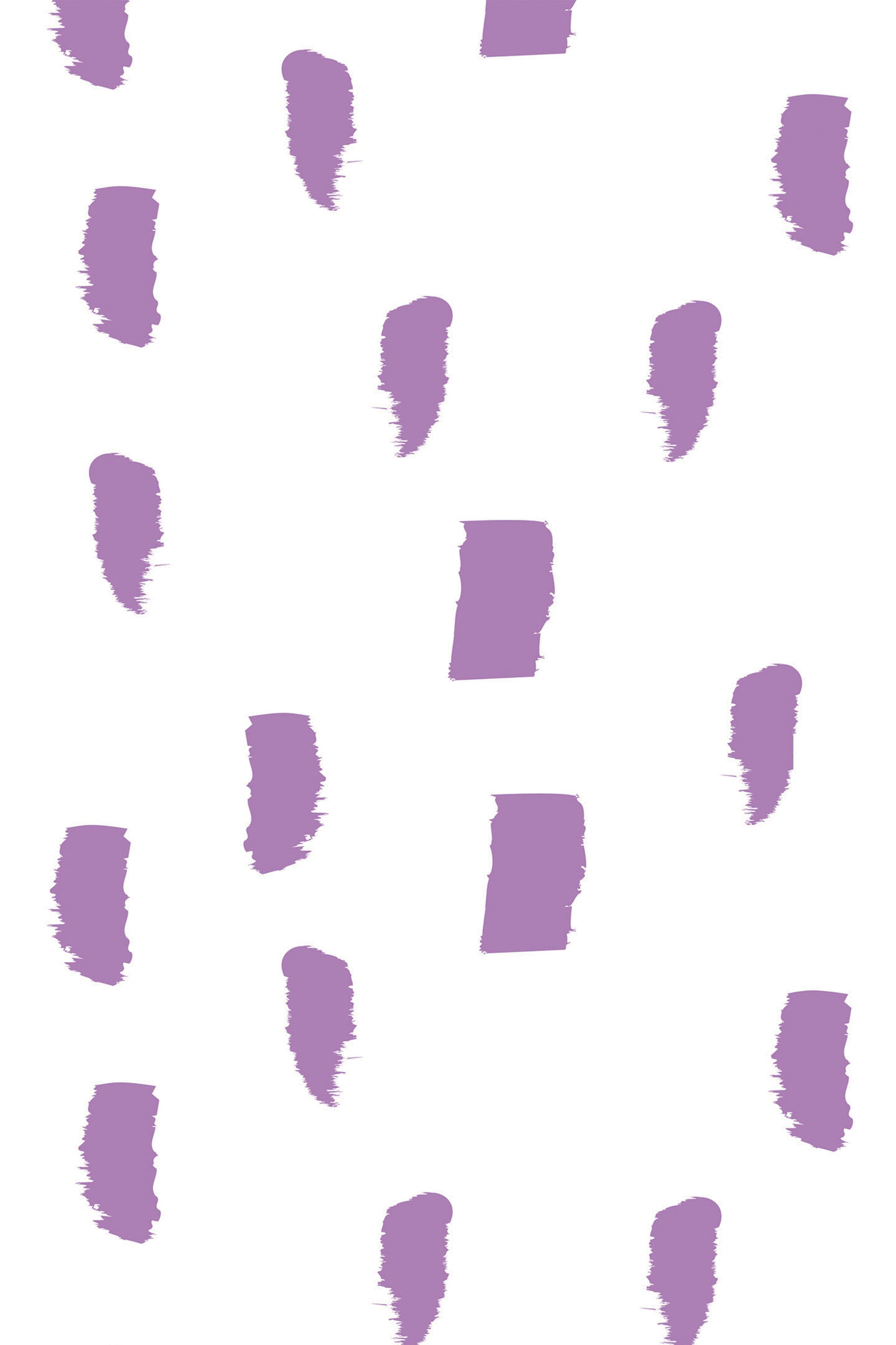 Purple hand-painted brushstroke dots on a white background, arranged in a scattered vertical pattern. Peel and stick removable wallpaper.