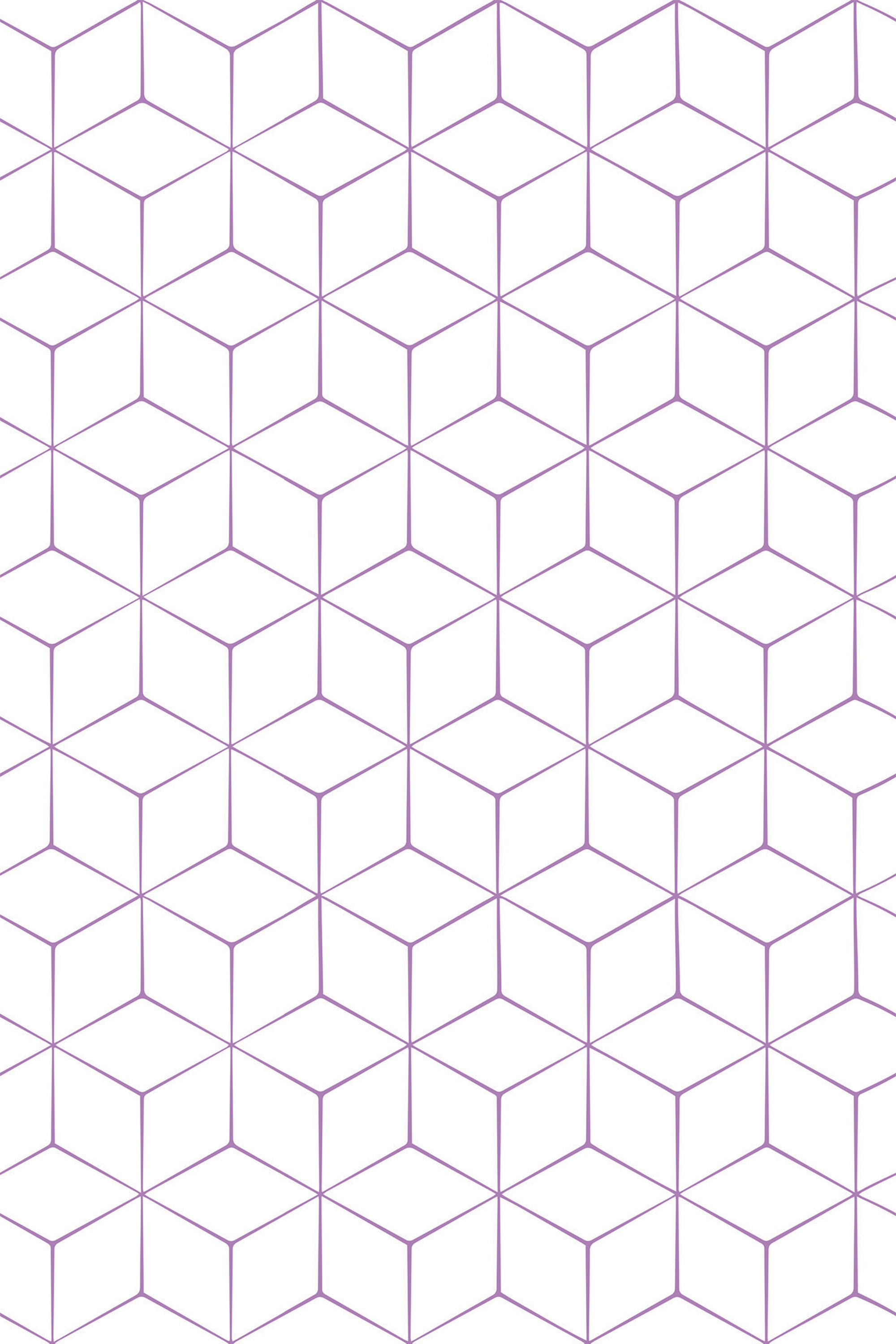 Geometric pattern of interlocking hexagons in purple lines on a white background, forming a three-dimensional cube effect. Peel and stick removable wallpaper.