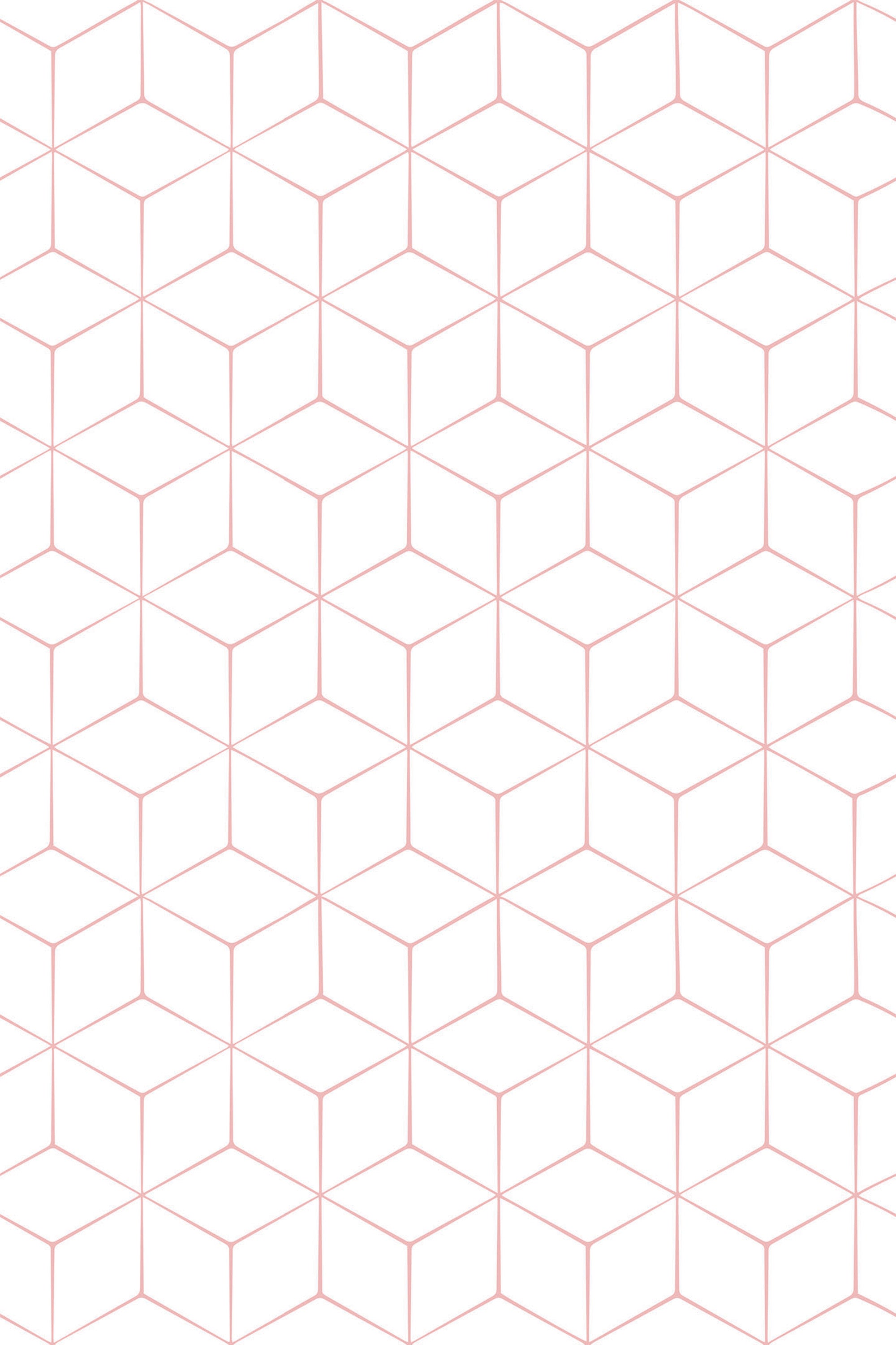 Geometric pattern with interconnected hexagons in soft pink lines on a white background. Peel and stick removable wallpaper.