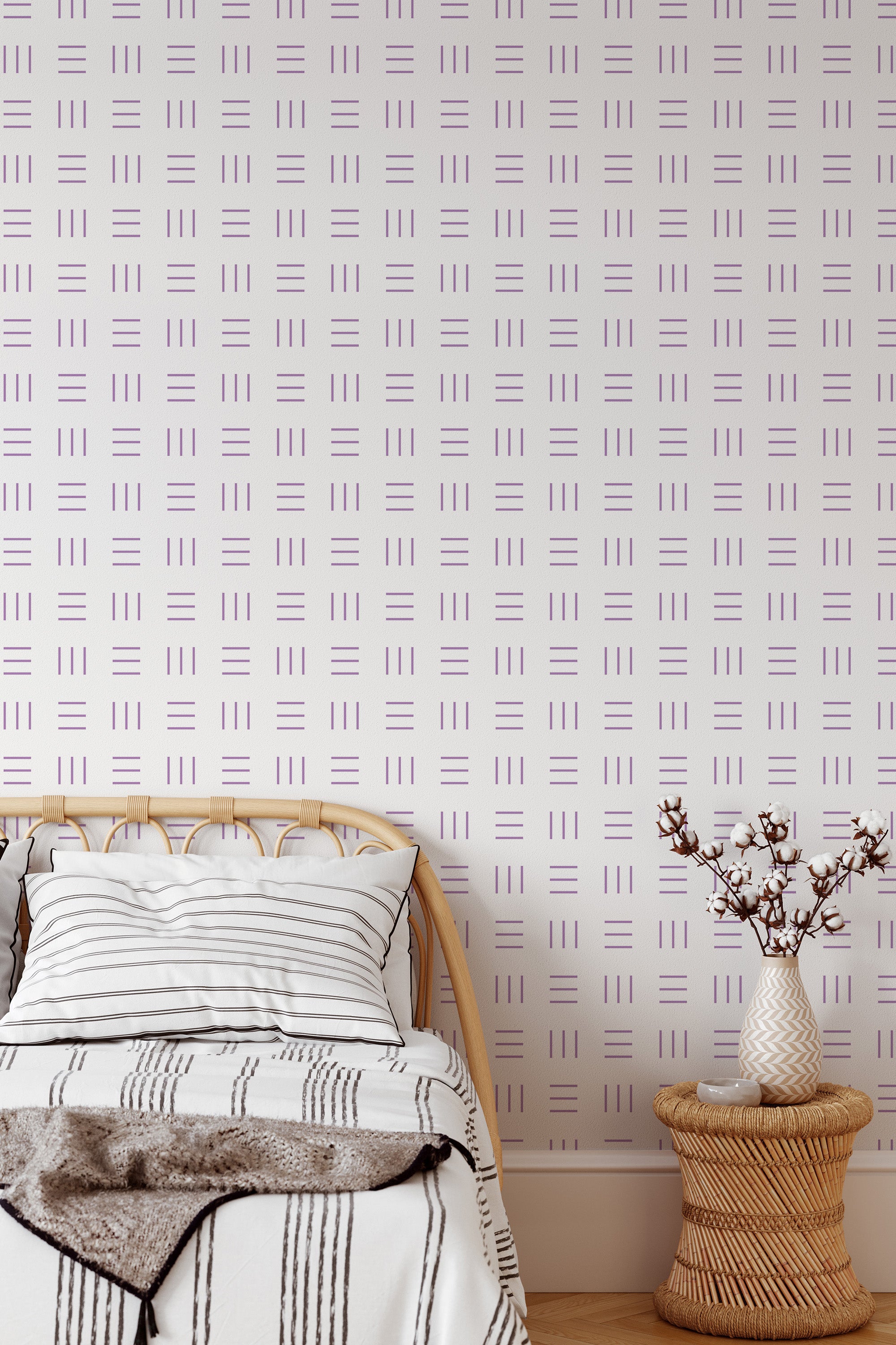 Self-adhesive wallpaper with an aesthetic geometric design of evenly spaced, vertical and horizontal lines forming abstract plus signs.