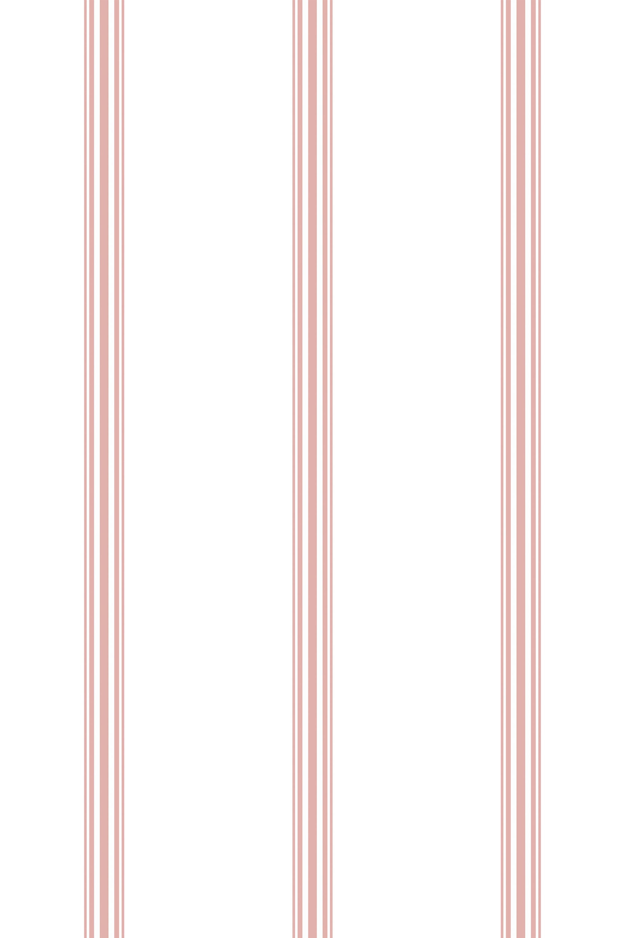 Alternating thin, vertical pink stripes and wider white spaces aligned in an evenly spaced repeating pattern. Peel and stick removable wallpaper.
