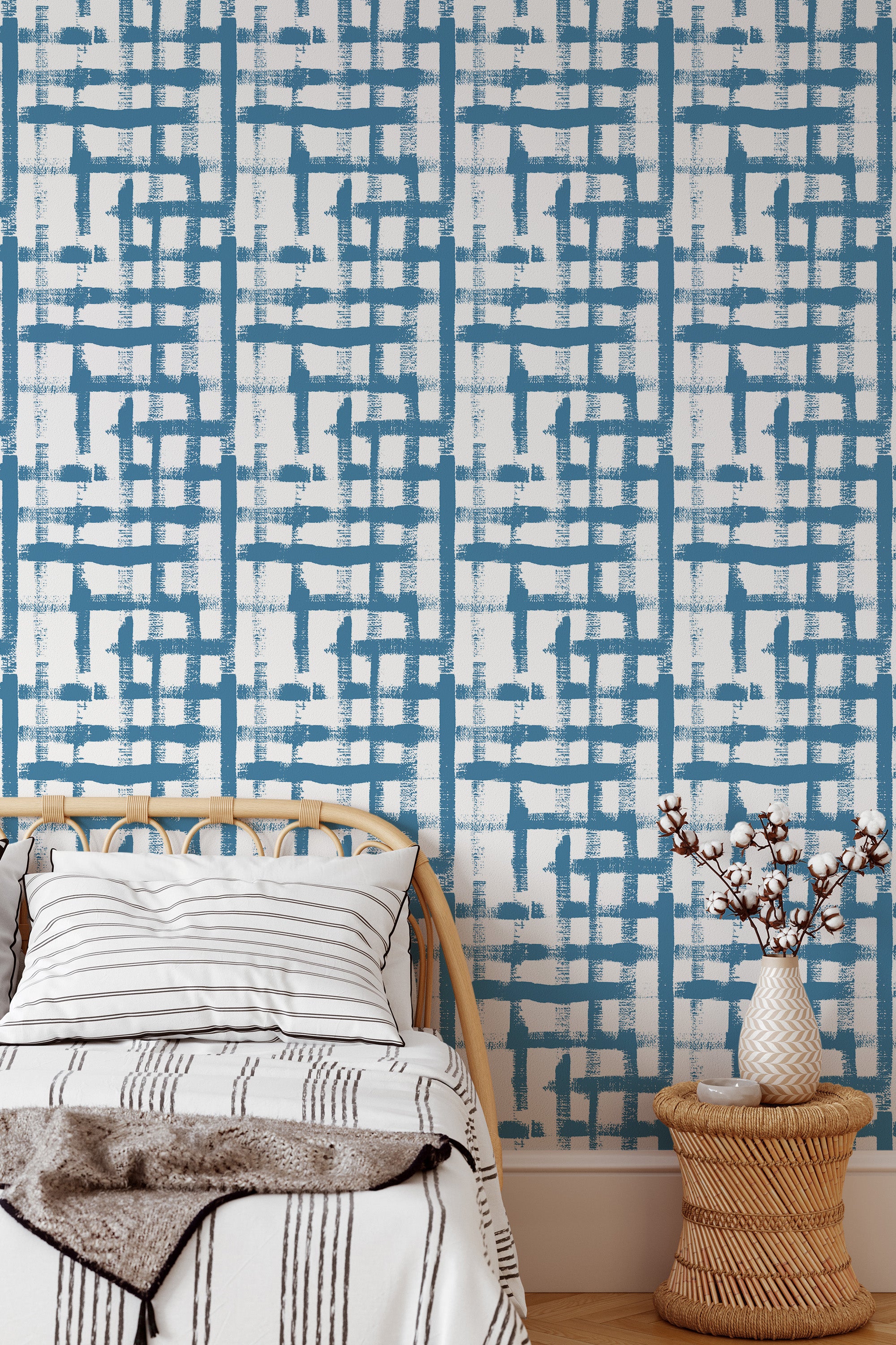Self-adhesive wallpaper with a blue grid pattern, featuring intersecting vertical and horizontal lines in various shades, creating a modern, geometric design on a white background.