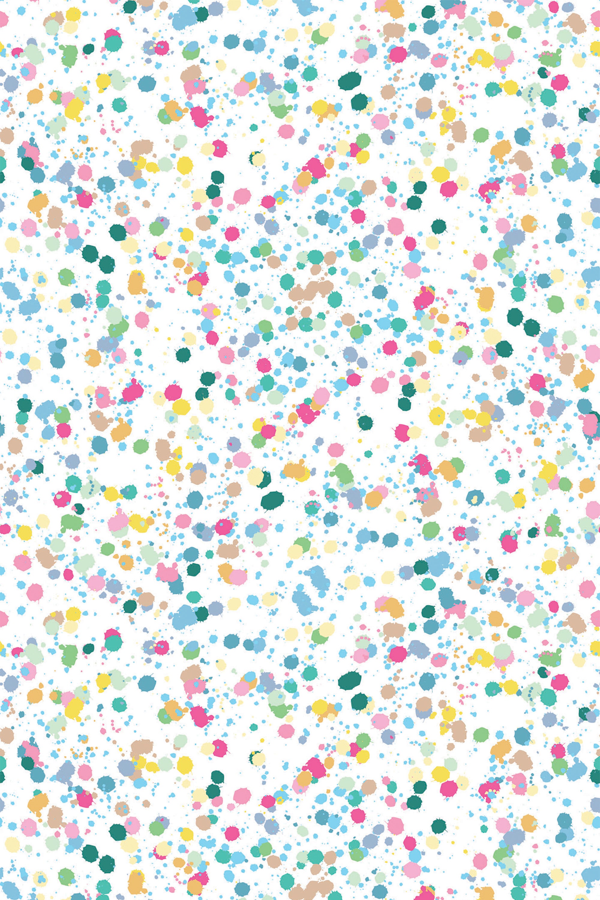 Colorful ink splatters in various sizes scattered randomly on a white background, with shades of pink, blue, green, yellow, and brown. Peel and stick removable wallpaper.