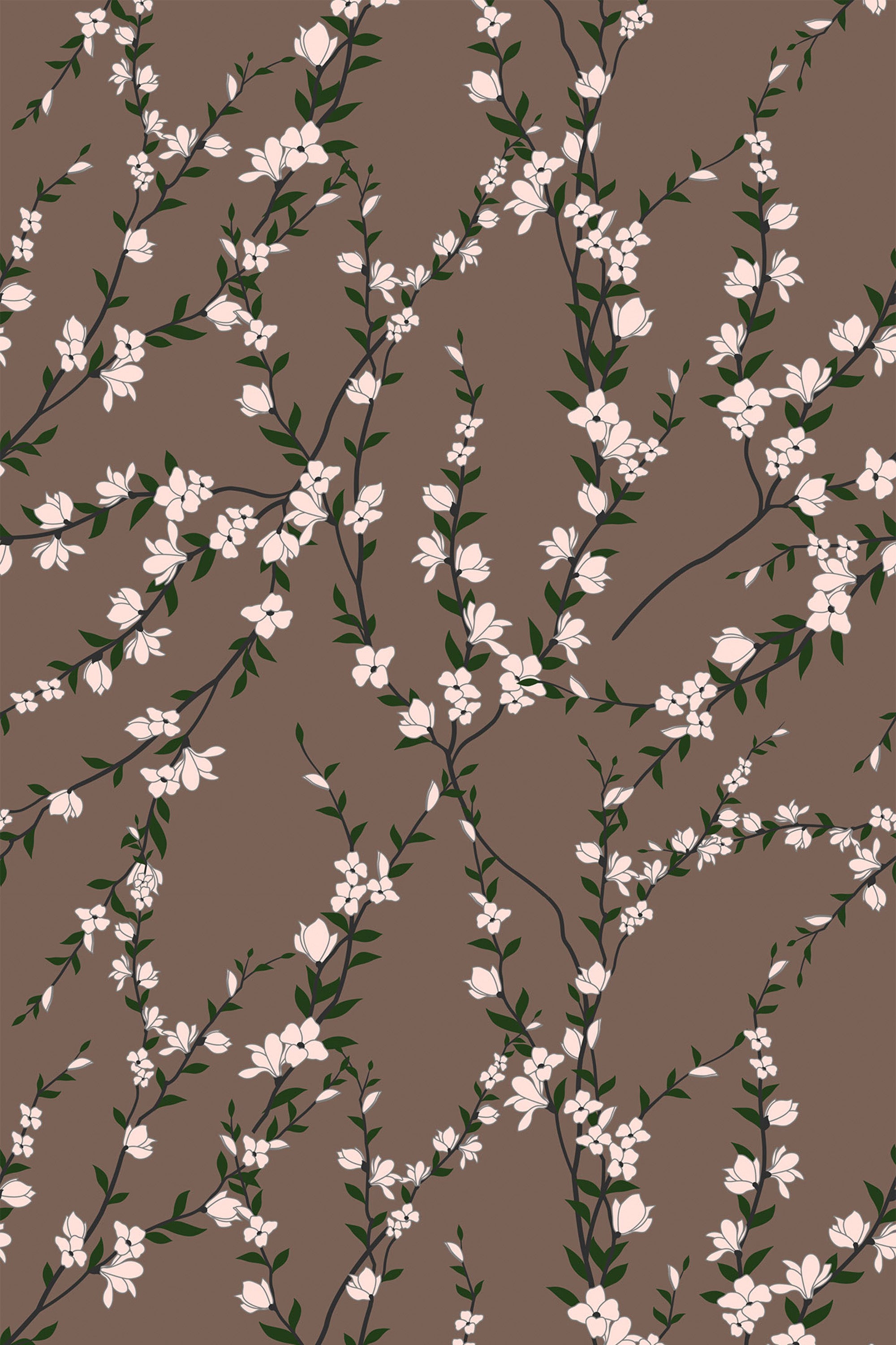 A pattern of delicate white flowers and green leaves scattered on dark branches against a brown background. The design provides an elegant, nature-inspired look. Peel and stick removable wallpaper.