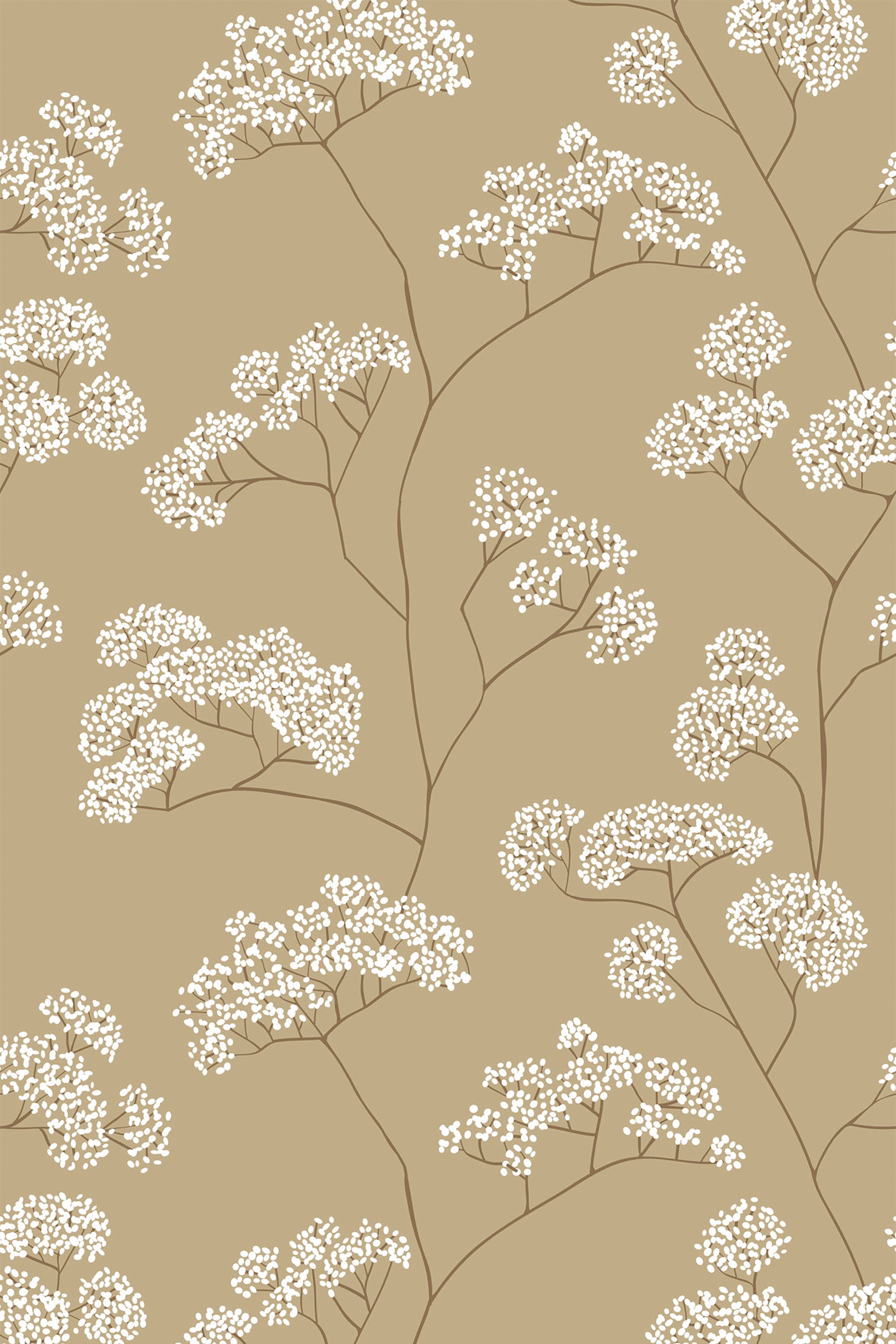 A soft brown background with delicate white floral clusters on thin branches scattered throughout the pattern, creating a gentle and calming design. Peel and stick removable wallpaper.