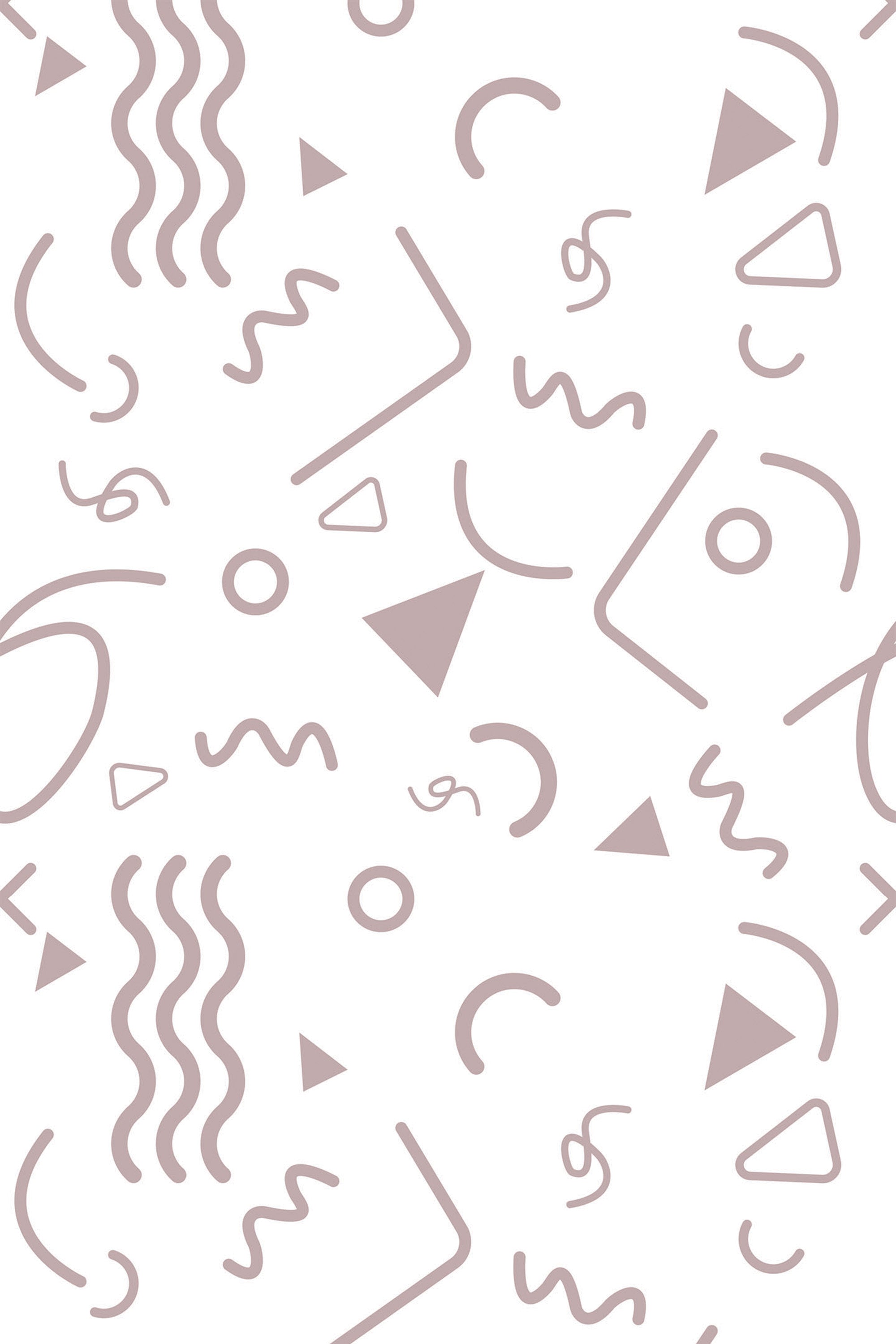 Simple geometric shapes including squiggly lines, triangles, circles, and abstract curves in light brown scattered on a white background, peel and stick removable wallpaper.