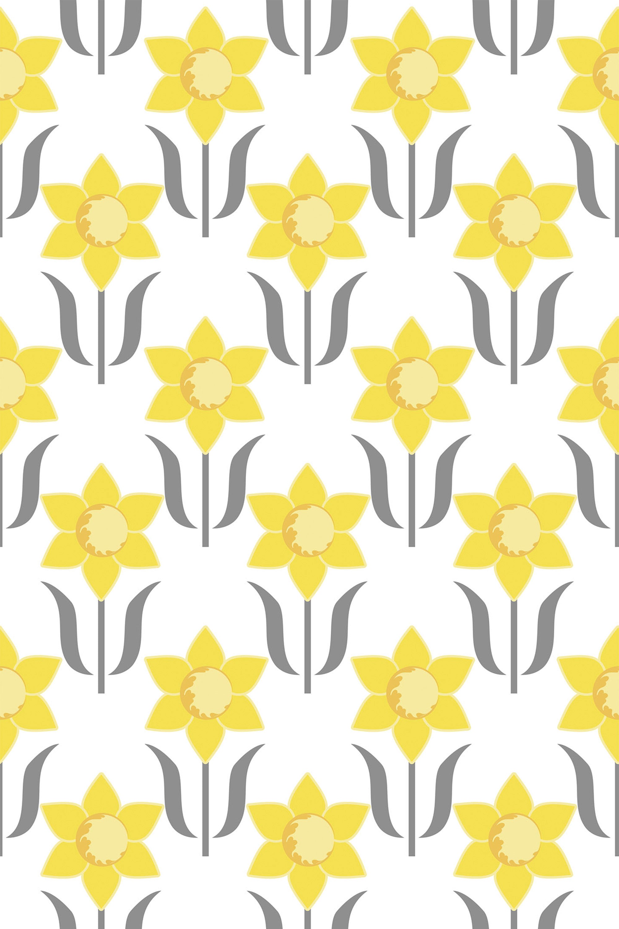 Yellow floral art nouveau pattern with stylized tulip-like flowers in shades of yellow with grey stems on a white background. Peel and stick removable wallpaper.